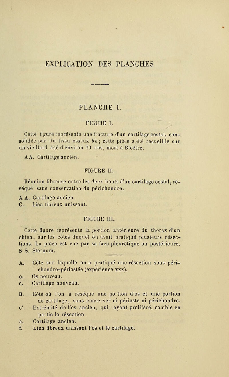 EXPLICATION DES PLANCHES PLANCHE I. FIGURE I. Cette figure représente une fracture d'un cartilage costnl, con- solidée par du tissu osseux bb; cette pièce a été recueillie sur un vieillard âgé d'environ 70 ans, mort à Bicêtre. AA. Cartilage ancien. FIGURE II. Réunion fibreuse entre les deux bouts d'un cartilage costal, ré- séqué sans conservation du périchondre. A A. Cartilage ancien, G. Lien fibreux unissant. FIGURE m. Cette figure représente la porlion antérieure du thorax d'un chien, sur les côles duquel on avait pratiqué plusieurs résec- tions. La pièce est vue par sa face pleurétique ou postérieure. S S. Sternum. A. Côte sur laquelle on a pratiqué une résection sous-péri- chondro-périostée (expérience xxx). 0. Os nouveau. c. Cartilage nouveau. B. Côte où l'on a réséqué une portion d'os et une portion de cartilage, sans conserver ni périoste ni périchondre. o'. Extrémité de l'os ancien, qui, ayant proliféré, comble en partie la résection. a. Cartilage ancien. f. Lien fibreux unissant l'os et le cartilage.