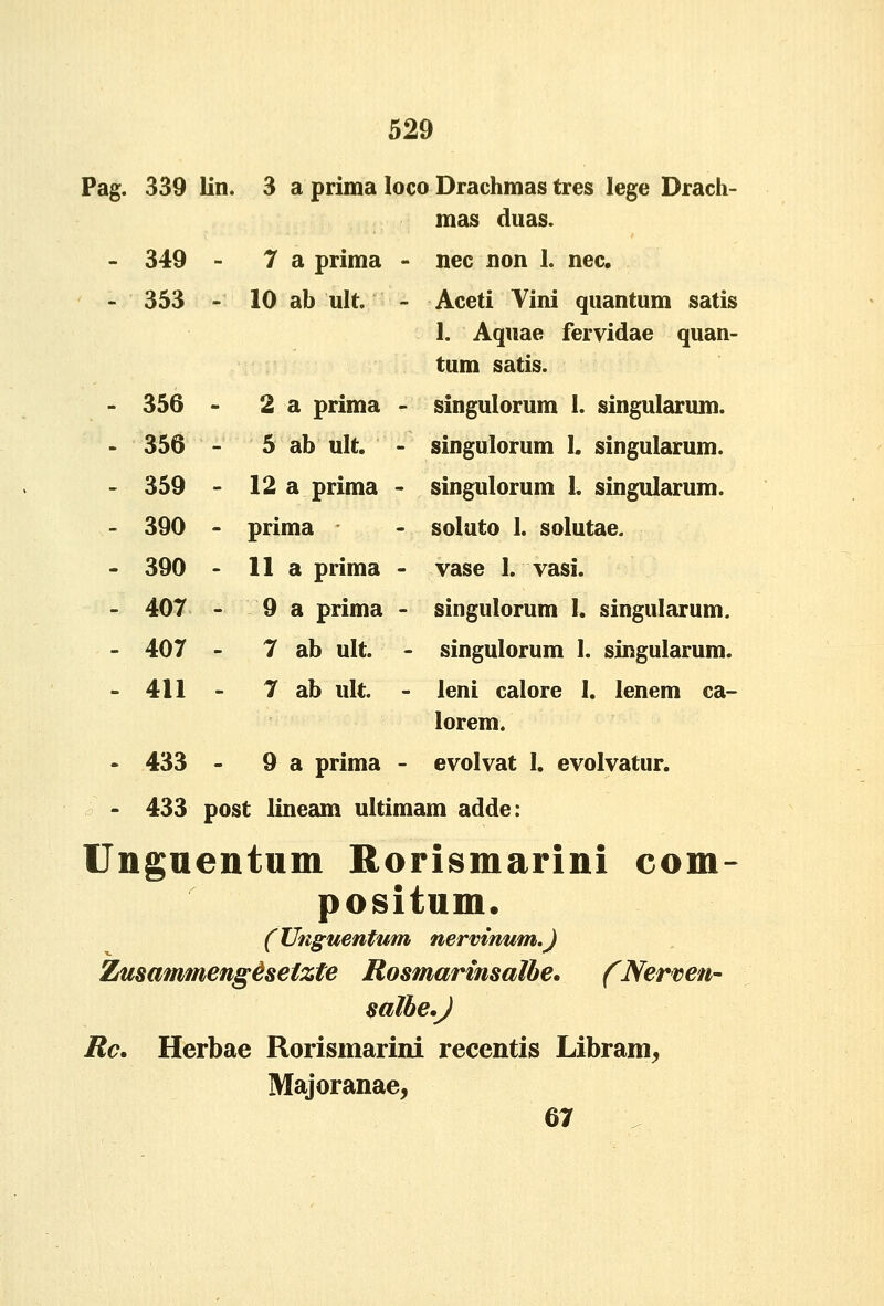 Pag. 339 lin. 3 a prima loco Drachmas tres lege Drach- mas duas. - 349 - 7 a prima - nec non I. nec. - 353 - 10 ab ult. - Aceti Vini quantum satis 1. Aquae fervidae quan- tum satis. - 356 - 2 a prima - singulorum 1. singularum. - 356 - 5 ab ult. - singulorum I. singularum. - 359 - 12 a prima - singulorum 1. singularum. - 390 - prima - soluto 1. solutae. - 390 - 11 a prima - vase I. vasi. - 407 - 9 a prima - singulorum I. singularum. - 407 - 7 ab ult. - singulorum I. singularum. - 411 - 7 ab ult. - leni calore 1. lenem ca- lorem. • 433 - 9 a prima - evolvat I. evolvatur. - 433 post lineam ultimam adde: Uiigaeiitum Rorismariiii com- positum. (Unguentum nervinum.) Zusammengisetzte Rosmarmsalhe. fNerven- salbe.J Rc. Herbae Rorismarini recentis Libram, Majoranae, 67