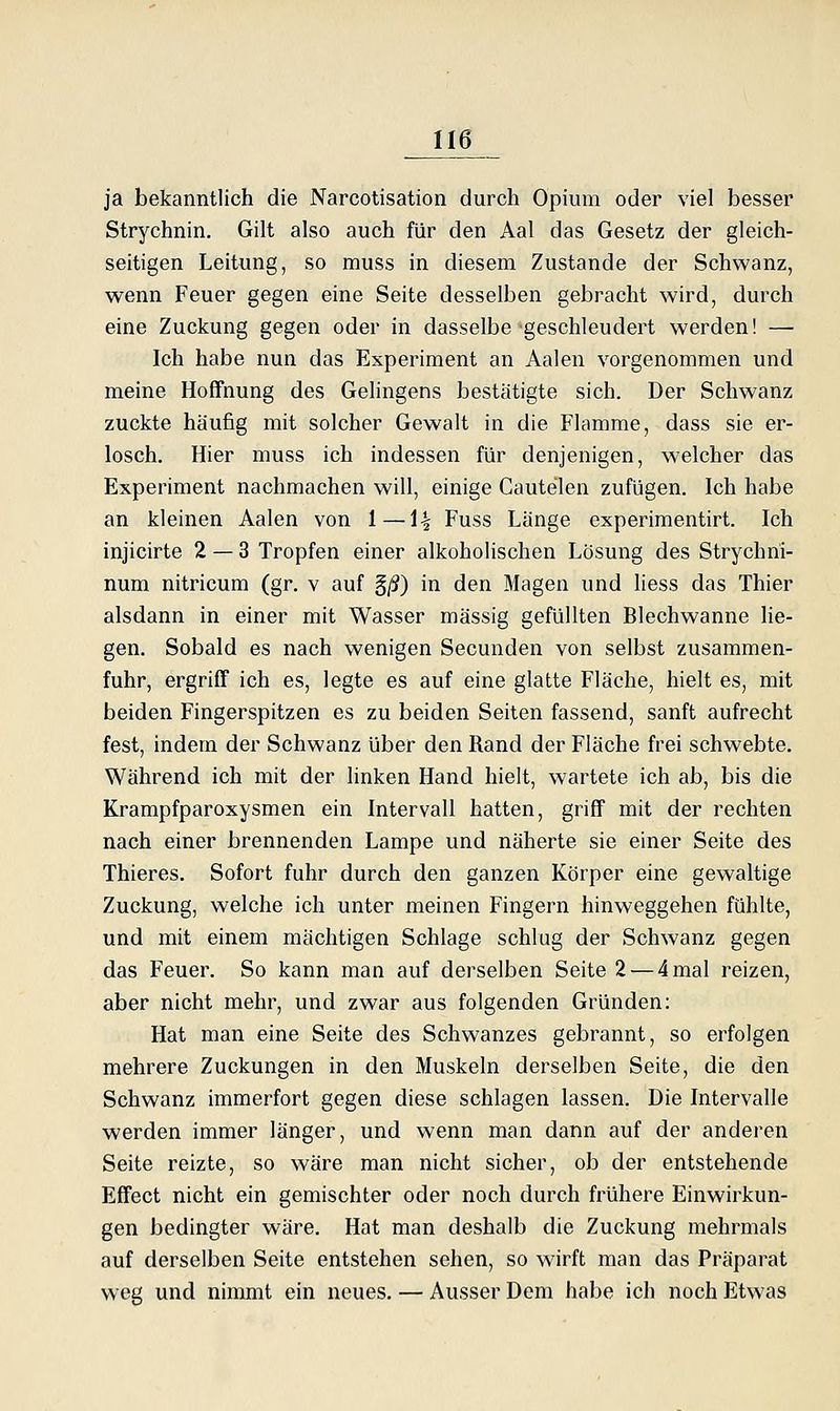 ja bekanntlich die Narcotisation durch Opium oder viel besser Strychnin. Gilt also auch für den Aal das Gesetz der gleich- seitigen Leitung, so muss in diesem Zustande der Schwanz, wenn Feuer gegen eine Seite desselben gebracht wird, durch eine Zuckung gegen oder in dasselbe geschleudert werden! — Ich habe nun das Experiment an Aalen vorgenommen und meine Hoffnung des Gelingens bestätigte sich. Der Schwanz zuckte häufig mit solcher Gewalt in die Flamme, dass sie er- losch. Hier muss ich indessen für denjenigen, welcher das Experiment nachmachen will, einige Gautelen zufügen. Ich habe an kleinen Aalen von 1—1| Fuss Länge experimentirt. Ich injicirte 2 — 3 Tropfen einer alkoholischen Lösung des Strychni- num nitricum (gr. v auf §/?) in den Magen und liess das Thier alsdann in einer mit Wasser massig gefüllten Blechwanne he- gen. Sobald es nach wenigen Secunden von selbst zusammen- fuhr, ergriff ich es, legte es auf eine glatte Fläche, hielt es, mit beiden Fingerspitzen es zu beiden Seiten fassend, sanft aufrecht fest, indem der Schwanz über den Rand der Fläche frei schwebte. Während ich mit der linken Hand hielt, wartete ich ab, bis die Krampfparoxysmen ein Intervall hatten, griff mit der rechten nach einer brennenden Lampe und näherte sie einer Seite des Thieres. Sofort fuhr durch den ganzen Körper eine gewaltige Zuckung, welche ich unter meinen Fingern hinweggehen fühlte, und mit einem mächtigen Schlage schlug der Schwanz gegen das Feuer. So kann man auf derselben Seite 2 — 4 mal reizen, aber nicht mehr, und zwar aus folgenden Gründen: Hat man eine Seite des Schwanzes gebrannt, so erfolgen mehrere Zuckungen in den Muskeln derselben Seite, die den Schwanz immerfort gegen diese schlagen lassen. Die Intervalle werden immer länger, und wenn man dann auf der anderen Seite reizte, so wäre man nicht sicher, ob der entstehende Effect nicht ein gemischter oder noch durch frühere Einwirkun- gen bedingter wäre. Hat man deshalb die Zuckung mehrmals auf derselben Seite entstehen sehen, so wirft man das Präparat weg und nimmt ein neues. — Ausser Dem habe ich noch Etwas