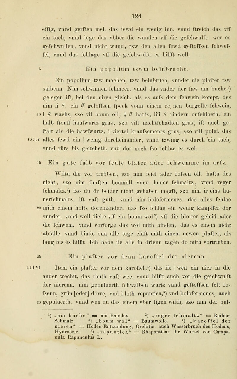 effig, vnncl gerften niel. das fewd ein wenig inn, vnnd ftreich das vff ein tuch; vnnd lege das vbber die wunden vff die gefckwulft. wer es gefchwullen, vnnd nicht wund, tzw den allen fewd geftoffsen fchwef- fel; vnnd das fchlage vff die gefehwulft. es hilfffc woll. s Ein popoliuni tzwm beinbruche. Ein popoliuni tzw machen, tzw beinbruch, vnnder die plafter tzw salbenn. Nim schwinnen fehmeer, vnnd das vnder der faw am buche') gelegen ift, bei den niren gleich, als es aufs dem fchwein kompt, des nim ii &. ein & geloffsen fpeck vonn einem re nen bürgelle fchwein, 10 i U wachs, szo vil boum öll, \ S hartz, iiii U rindern onfchloeth, ein halb ftouff haufwurtz grus, szo vill nachtfchadten grus, ift auch ge- ftalt als die hawfwurtz, i viertel kraufsementz grus, szo vill polei. das CCLV alles fewd ein | wenig dorcheinander, vnnd tzwing es durch ein tuch, vnnd rürs bis geftehethi vncl dor noch fso fchlae es wol. 15 Ein gute falb vor feule Mater ader fchwemme im arfz. Wiltu die vor trebben, szo nim feiel ader rofsen öll. haftu des nicht, szo nim fünften boumöll vnnd huner fchmaltz, vnnd reger fchmaltz.2) fzo du ör beider nicht gehaben magft, szo nim ir eins hu- nerfchmaltz. ift vaft guth. vnnd nim bolofermenes. das alles fchlae 20 mith einem holtz cloreinander, das fso fchlae ein wenig kampffer dor vnnder. vnnd woll dicke vff ein boum wol3) vff die blotter geleid ader die fchwem. vnnd vorforge das wol mith binden, das es einem nicht abfalle, vnnd binde önn alle tage einft mith einem newen plafter, als lang bis es hilfft Ich habe fie alle in drienn tagen do mith vortrieben. 25 Ein plafter vor denn karoffel der nierenn. CCLVI Item ein plafter vor dem karoffel,4) das ift | wen ein nier in die ander wechft, das thuth vaft wee. vnnd hilfft auch vor die gefehwulft der nierenn, nim gepuluerth fchwalben wurtz vnnd geftoffsen feit ro- fsenn, grün [oder] dörre, vnd i loth repuntica,5) vnd bolofermenes, auch 30 gepuluerth. vnnd wen du das einem vber ligen wilth, szo nim der pul- *) „am buche = am Bauche. 2) „reger fchmaltz = Reiher- Schmalz. 3! „boum wol — Baumwolle. 4) „karoffel der nieren = Hoden-Entzündung, Orchitis, auch Wasserbruch des Hodens, Hydrocele. 5) „repuntica = Rhapontica; die Wurzel von Campa- nula Rapunculus L.