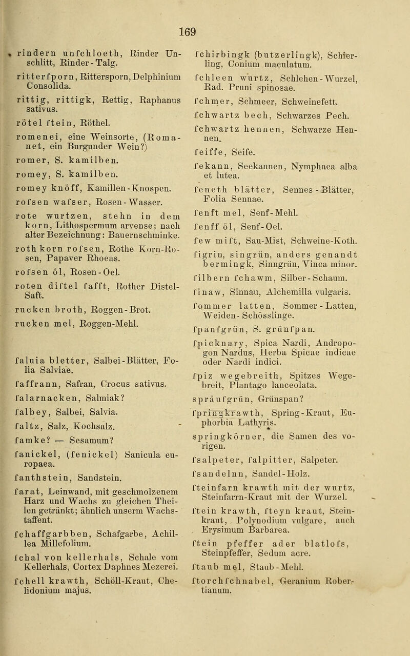 • rindern unfchloeth, Einder Un- schlitt, Einder-Talg. ritterfporn, Eittersporn,Delphinium Consolida. rittig, rittigk, Eettig, Eaphanus sativus. rötel ftein, Röthel. romenei, eine Weinsorte, (Eoma- net, ein Burgunder Wein?) romer, S. kamilben. romey, S. kamilben. romey knöff, Kamillen-Knospen. rofsen wafser, Eosen-Wasser. rote wurtzen, stehn in dem körn, Lithospermum arvense; nach alter Bezeichnung: Bauernschminke. roth körn rofsen, Eothe Korn-Ro- sen, Papaver Ehoeas. rofsen öl, Eosen-Oel. roten diftel fafft, Eother Distel- Saft. rucken broth, Eoggen-Brot. rucken mel, Roggen-Mehl. faluia bletter, Salbei-Blätter, Fo- lia Salviae. f äff rann, Safran, Crocus sativus. falarnacken, Salmiak? falbey, Salbei, Salvia. faltz, Salz, Kochsalz. famke? — Sesamum? fanickel, (fenickel) Sanicula eu- ropaea. fanthstein, Sandstein. farat, Leinwand, mit geschmolzenem Harz und Wachs zu gleichen Thei- len getränkt; ähnlich unserni Wachs- taffent. fchaffgarbben, Schafgarbe, Achil- lea Millefolium. fchal von kellerhals, Schale vom Kellerhals, Oortex Daphnes Mezerei. fchell krawth, Schöll-Kraut, Ohe- lidonium majus. fchirbingk (butzerlingk), Schier- ling, Coniuni maculatum. fehleen wurtz, Schlehen-Wurzel, Rad. Pruni spinosae. fchmer, Schmeer, Schweinefett. fchwartz bech, Schwarzes Pech. fchwartz hennen, Schwarze Hen- nen. feiffe, Seife. fekann, Seekannen, Nymphaea alba et lutea. feneth blätter, Sennes - Blätter, Folia Sennae. fenft mel, Senf-Mehl. fenff öl, Senf-Oel. few mift, Sau-Mist, Schweine-Koth. figrin, singrün, anders genandt b e r m i n g k, Sinngrün, Vinca minor. filbern fchawm, Silber-Schaum. finaw, Sinnau, Alchemilla vulgaris. fommer latten, Sommer - Latten, Weiden- Schösslinge. fpanfgrün, S. grünfpan. fpicknary, Spica Nardi, Andropo- gon Nardus, Herba Spicae iudicae oder Nardi indici. fpiz wegebreith, Spitzes Wege- breit, Plantago lanceolata. spr auf grün, Grünspan? fpring krawth, Spring-Kraut, Eu- phorbia Lathyris. springkörner, die Samen des vo- rigen. fsalpeter, falpitter, Salpeter. fsandelnn, Saudel-Holz. fteinfarn krawth mit der wurtz, Steinfarrn-Kraut mit der Wurzel. ftein krawth, fteyn kraut, Stein- kraut, Polynodium vulgare, auch Erysimum Barbarea. ftein pfeffer ad er blatlofs, Steinpfefifer, Sedum acre. ftaub mel, Staub-Mehl. ftorchfchnabel, Greranium Rober- tianum.