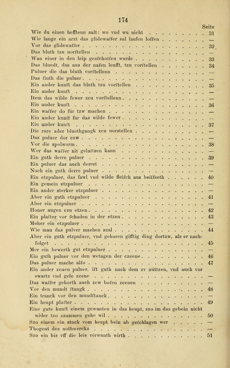 Seite Wie du einen hefftenn salt: wo vnd wu nicht 31 Wie lange ein arzt das glidewaffer sal laufen loffen Vor das glidewaffer 32 Das bluth tzu uorftellen _ Wan einer in den leip gesfchoffen wurde 33 Das bluedt, das aus der nafen leufft, tzu vorftellen 34 Puluer die das bluth vorftellenn . Das finth die puluer. . ., — Ein ander kunft das bluth tzu vorftellen 35 Bin ander kunft — Item das wilde fewer zcu vorftellenn — Ein ander kunft 36 Ein waffer do für tzw machen — Ein ander kunft für das wilde fewer — Ein ander kunft ; . 37 Die rure ader bluethgangk zcu uorstellen — Das puluer dor czw — Vor die spolworm. 38 Wer das waffer nit gelaffsen kann — Ein guth derre puluer 39 Ein puluer das auch derret . — Noch ein guth derre puluer — Ein etzpuluer, das fawl vnd wilde fleifch aus beiffseth 40 Ein gemein etzpuluer — Ein ander sterker etzpuluer ' — Aber ein guth etzpuluer . 41 Aber ein etzpuluer — Honer äugen czu etzen 42 Ein plafter vor fchaden in der etzen 43 Melier ein etzpuluer — Wie man das pulver machen szal 44 Aber ein guth etzpuluer, vnd gehören gifftig ding dortzw, als er nach- folget 45 Mer ein bewerth gut etzpuluer — Ein guth puluer vor den wetagen der czeene 46 Das puluer mache alfo 47 Ein ander zcaen puluer. ift guth nach dem zv nüttzen, vnd auch vor swartz vnd gele zcene — Das waffer gehorth auch zcw bofen zcenen — Vor den mundt ftangk 48 Ein tranck vor den mundftanck — Ein heupt plafter 49 Eine gute kunft einem gewunten in das heupt, szo im das gebein nicht wider tzo szammen gehe wil 50 Szo einem ein stuck vom heupt bein ab gefchlagen wer — Thogent des nothwercks — Szo ein bis vfif die leis verwunth wirth 51