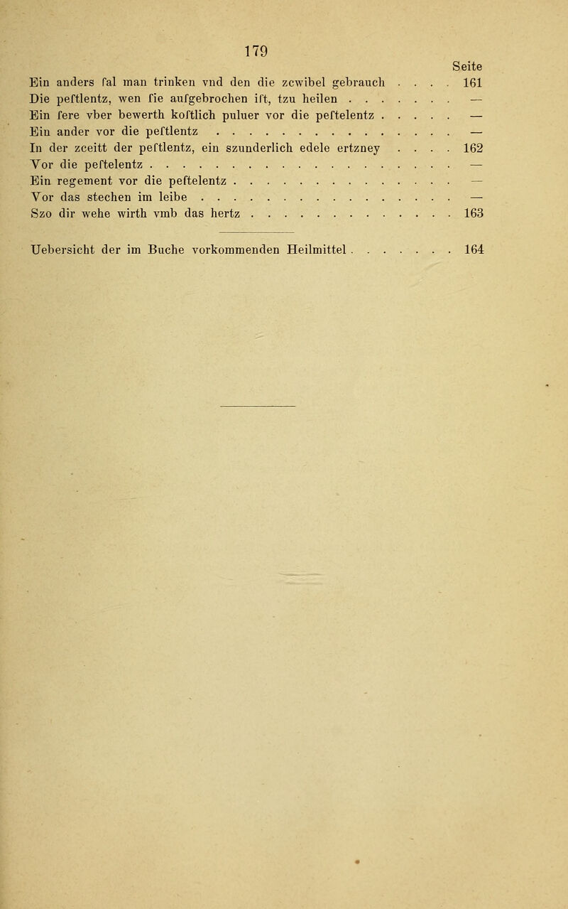Seite Bin anders Tai man trinken vnd den die zcwibel gebrauch .... 161 Die peftlentz, wen fie aufgebrochen ift, tzu heilen — Bin fere vber bewerth koftlich puluer vor die peftelentz — Bin ander vor die peftlentz — In der zceitt der peftlentz, ein szunderlich edele ertzney .... 162 Vor die peftelentz — Ein regement vor die peftelentz — Vor das stechen im leibe —■ Szo dir wehe wirth vmb das hertz 163 TJebersicht der im Buche vorkommenden Heilmittel 164