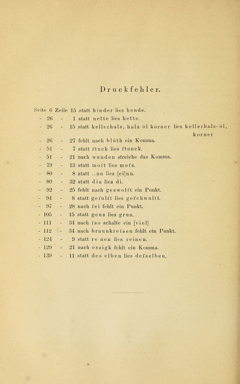 Druckfehler. Seite 6 Zeile 15 statt hin der lies hende. - 26-1 statt nette lies-hette. - 26 - 15 statt kellerhals, hals öl korn er lies kellerhals-öl korner - 26 - 27 fehlt nach blüth ein Komma. - 51-7 statt ftuck lies ftunck. - 51 - 21 nach wunden streiche das Komma. - 79 - 13 statt moft lies mofs. - 80-8 statt ..nn lies [ei]nn. - 80 - 32 statt dia lies di. - 92 - 25 fehlt nach geswolft ein Punkt. - 94 - 8 statt geführt lies gefchwulft. - 97 - 28 nach fei fehlt ein Punkt. - 105 - 15 statt geus lies grus. - 111 - 34 nach fso schalte ein [viel] - 112 - 34 nach braunkrefsen fehlt ein Punkt. - 124 - 9 statt re nen lies reinen. - 129 - 21 nach essigk fehlt ein Komma. - 139 - 11 statt des elben lies defselben.