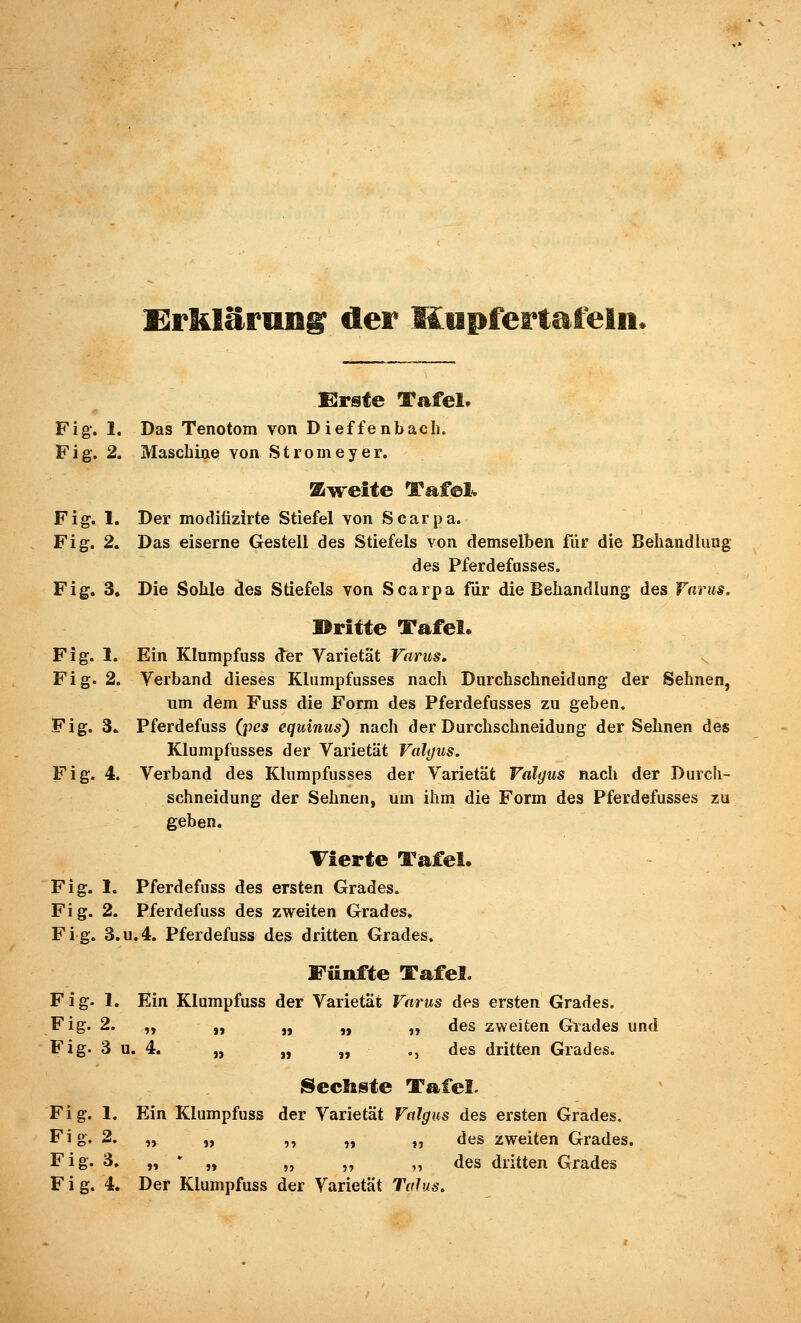 SIrMäriiiig der Miipfertafeln. £:rste Tafel» Fig'. 1. Das Tenotom von Dieffenbach. Fig. 2. Maschine von Stromeyer. Zweite TafeL Fig. 1. Der modifizirte Stiefel von Scarpa. Fig. 2. Das eiserne Gestell des Stiefels von demselben für die Behandlung des Pferdefasses. Fig. 3. Die Sohle des Stiefels von Scarpa für die Behandlung des Variis, Britte Tafel. Fig. 1. Ein Klumpfuss d'er Varietät Varus, Fig. 2. Verband dieses Klumpfusses nach Durchschneidung der Sehnen, um dem Fuss die Form des Pferdefusses zu geben. Fig. 3.. Pferdefuss (pes equinus) nach der Durchschneidung der Sehnen des Klumpfusses der Varietät Valyus. Fig. 4. Verband des Klumpfusses der Varietät Valgus nach der Durch- schneidung der Sehnen, um ihm die Form des Pferdefusses zu geben. Vierte Tafel. Fig. 1. Pferdefuss des ersten Grades. Fig. 2. Pferdefuss des zweiten Grades. Fig. S.u.4. Pferdefuss des dritten Grades. Fünfte Tafel. Fig. 1. Ein Klumpfuss der Varietät Varus des ersten Grades. Fig. 2. „ „ „ „ „ des zweiten Grades und Fig. 3 u. 4. „ „ „ ., des dritten Grades. iSecIijste Tafel. Fig. 1. Ein Klumpfuss der Varietät Valgus des ersten Grades. Fig, 2. „ „ ,, „ „ des zweiten Grades. Fig. 3. „ ' „ „ „ ,, des dritten Grades Fig. 4. Der Klumpfuss der Varietät Talus.