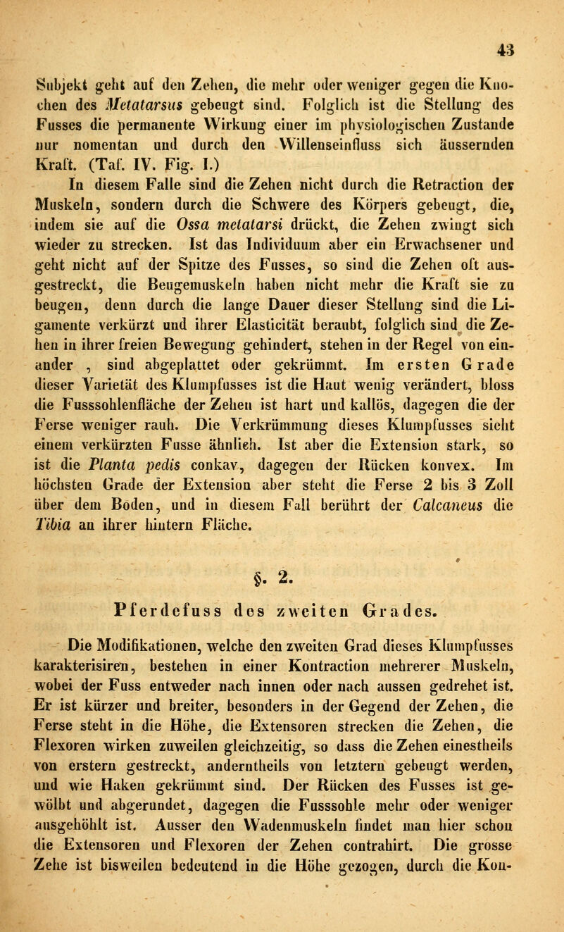 Subjekt geht auf den Zehen, die mehr oder weniger gegen die Kno- chen des Metatarsus gebeugt sind. Folglich ist die Stellung des Fusses die permanente Wirkung einer im physiologischen Zustande nur nomcntan und durch den Willenseinfluss sich äussernden Kraft. (Taf. IV. Fig. I.) In diesem Falle sind die Zehen nicht durch die Retraction der Muskeln, sondern durch die Schwere des Körpers gebeugt, die, indem sie auf die Ossa metatarsi drückt, die Zehen zwingt sich wieder zu strecken. Ist das Individuum aber ein Erwachsener und geht nicht auf der Spitze des Fusses, so sind die Zehen oft aus- gestreckt, die Beugemuskeln haben nicht mehr die Kraft sie zu beugen, denn durch die lange Dauer dieser Stellung sind die Li- gamente verkürzt und ihrer Elasticität beraubt, folglich sind die Ze- hen in ihrer freien Bewegung gehindert, stehen in der Regel von ein- ander , sind abgeplattet oder gekrümmt. Im ersten Grade dieser Varietät des Klumpfusses ist die Haut wenig verändert, bloss die Fusssohlenfläche der Zehen ist hart und kallÖs, dagegen die der Ferse weniger rauh. Die Verkrümmung dieses Klumpfusses sieht einem verkürzten Fusse ähnlieh. Ist aber die Extension stark, so ist die Planta pedis conkav, dagegen der Rücken konvex. Im höchsten Grade der Extension aber steht die Ferse 2 bis 3 Zoll über dem Boden, und in diesem Fall berührt der Calcaneus die 2'ibia an ihrer hintern Fläche. §. 2. Pferdefuss des zweiten Grades. Die Modifikationen, welche den zweiten Grad dieses Klumpfusses karakterisiren, bestehen in einer Kontraction mehrerer Muskeln, wobei der Fuss entweder nach innen oder nach aussen gedrehet ist. Er ist kürzer und breiter, besonders in der Gegend der Zehen, die Ferse steht in die Höhe, die Extensoren strecken die Zehen, die Flexoren wirken zuweilen gleichzeitig, so dass die Zehen einestheils von erstem gestreckt, anderntheils von letztern gebeugt werden, und wie Haken gekrümmt sind. Der Rücken des Fusses ist ge- wölbt und abgerundet, dagegen die Fusssohle mehr oder weniger ausgehöhlt ist. Ausser den VVadenmuskeln findet man hier schon die Extensoren und Flexoren der Zehen contrahirt. Die grosse Zehe ist bisweilen bedeutend in die Höhe gezogen, durch die Kon-