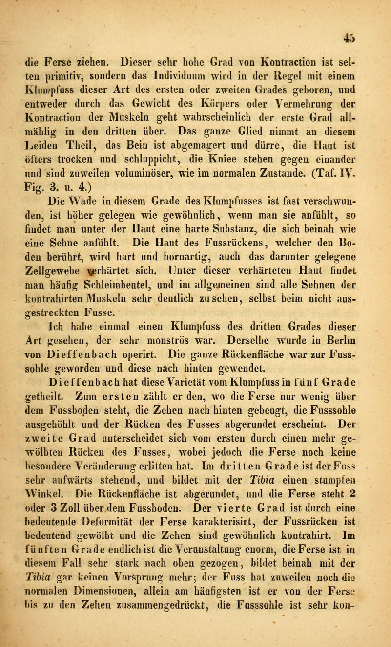 die Ferse ziehen. Dieser sehr hohe Grad von Kontraction ist sel- ten primitiv, sondern das Individuum wird in der Kegel mit einem Khmipfuss dieser Art des ersten oder zweiten Grades geboren, und entweder durch das Gewicht des Körpers oder Vermehrung der Kontraction der Muskeln geht wahrscheinlich der erste Grad all- mählig in den dritten über. Das ganze Glied nimmt an diesem Leiden Theil, das Bein ist abgemagert und dürre, die Haut ist öfters trocken und schluppicht, die Kniee stehen gegen einander und sind zuweilen voluminöser, wie im normalen Zustande. (Taf. IV. Fig. 3* u. 4.) Die Wade in diesem Grade des Klumpfusses ist fast verschwun- den, ist höher gelegen wie gewöhnlich, wenn man sie anfühlt, so findet man unter der Haut eine harte Substanz, die sich beinah wie eine Sehne anfühlt. Die Haut des Fussrückens, welcher den Bo- den berührt, wird hart und hornartig, auch das darunter gelegene Zellgewebe ijprhärtet sich. Unter dieser verhärteten Haut findet man häufig Schleimbeutel, und im allgemeinen sind alle Sehnen der kontrahirten Muskeln sehr deutlich zusehen, selbst beim nicht aus- gestreckten Fusse. Ich habe einmal einen Klumpfuss des dritten Grades dieser Art gesehen, der sehr monströs war. Derselbe wurde in Berlin von Dieffenbach operirt. Die ganze Rückenfläche war zur Fuss- sohle geworden und diese nach hinten gewendet. Dieffenbach hat diese Varietät vom Klumpfuss in fünf Grade getheilt. Zum ersten zählt er den, wo die Ferse nur wenig über dem Fussboden steht, die Zehen nach hinten gebeugt, die Fusssohle ausgehöhlt und der Rücken des Fusses abgerundet erscheint. Der zweite Grad unterscheidet sich vom ersten durch einen mehr ge- wölbten Rücken des Fusses, wobei jedoch die Ferse noch keine besondere Veränderung erlitten hat. Im dritten Grade ist derFuss sehr aufwärts stehend, und bildet mit der Tibia einen stumpfen Winkel. Die Rückenfläche ist abgerundet, und die Ferse steht 2 oder 3 Zoll über dem Fussboden. Der vierte Grad ist durch eine bedeutende Deformität der Ferse karakterisirt, der Fussrücken ist bedeutend gewölbt und die Zehen sind gewöhnlich kontrahirt. Im fünften Grade endlich ist die Verunstaltung enorm, die Ferse ist in diesem Fall sehr stark nach oben gezogen, bildet beinah mit der Tihia gar keinen Vorsprung mehr; der Fuss hat zuweilen noch die normalen Dimensionen, allein am häufigsten ist er von der Fersa bis zu den Zehen zusammengedrückt, die Fusssohle ist sehr kon-