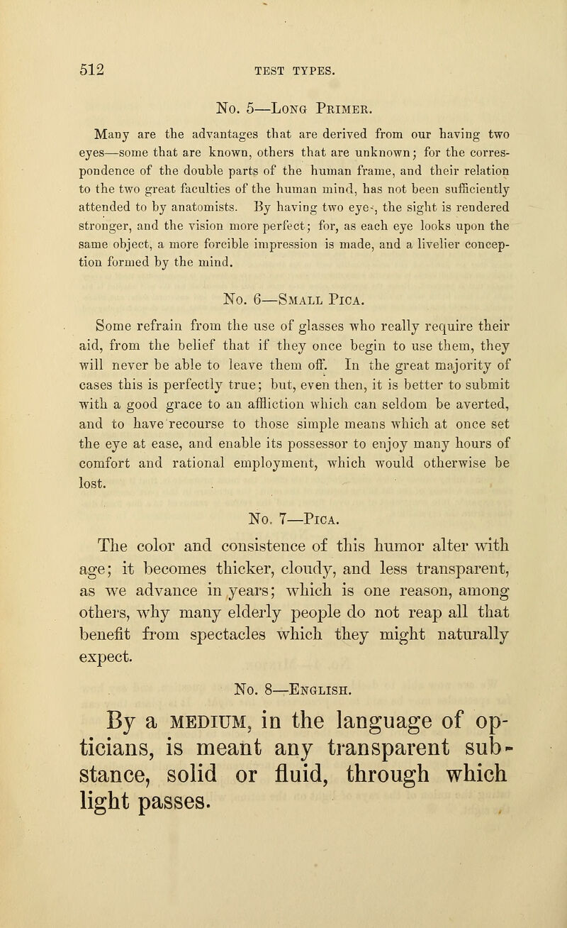 No. 5—Long Primer. Many are the advantages that are derived from our having two eyes—some that are known, others that are unknown; for the corres- pondence of the double parts of the human frame, and their relation to the two great faculties of the human mind, has not been sufficiently attended to by anatomists. By having two eye-, the sight is rendered stronger, and the vision more perfect; for, as each eye looks upon the same object, a more forcible impression is made, and a livelier concep- tion formed by the mind. No. 6—Small Pica. Some refrain from the use of glasses who really require their aid, from the belief that if they once begin to use them, they will never be able to leave them off. In the great majority of cases this is perfectly true; but, even then, it is better to submit with a good grace to an affliction which can seldom be averted, and to have recourse to those simple means which at once set the eye at ease, and enable its possessor to enjoy many hours of comfort and rational employment, which would otherwise be lost. No. 7—Pica. The color and consistence of this humor alter with age; it becomes thicker, cloudy, and less transparent, as we advance in years; which is one reason, among others, why many elderly people do not reap all that benefit from spectacles which they might naturally expect. No. 8—English. By a medium, in the language of op- ticians, is meant any transparent sub- stance, solid or fluid, through which light passes.