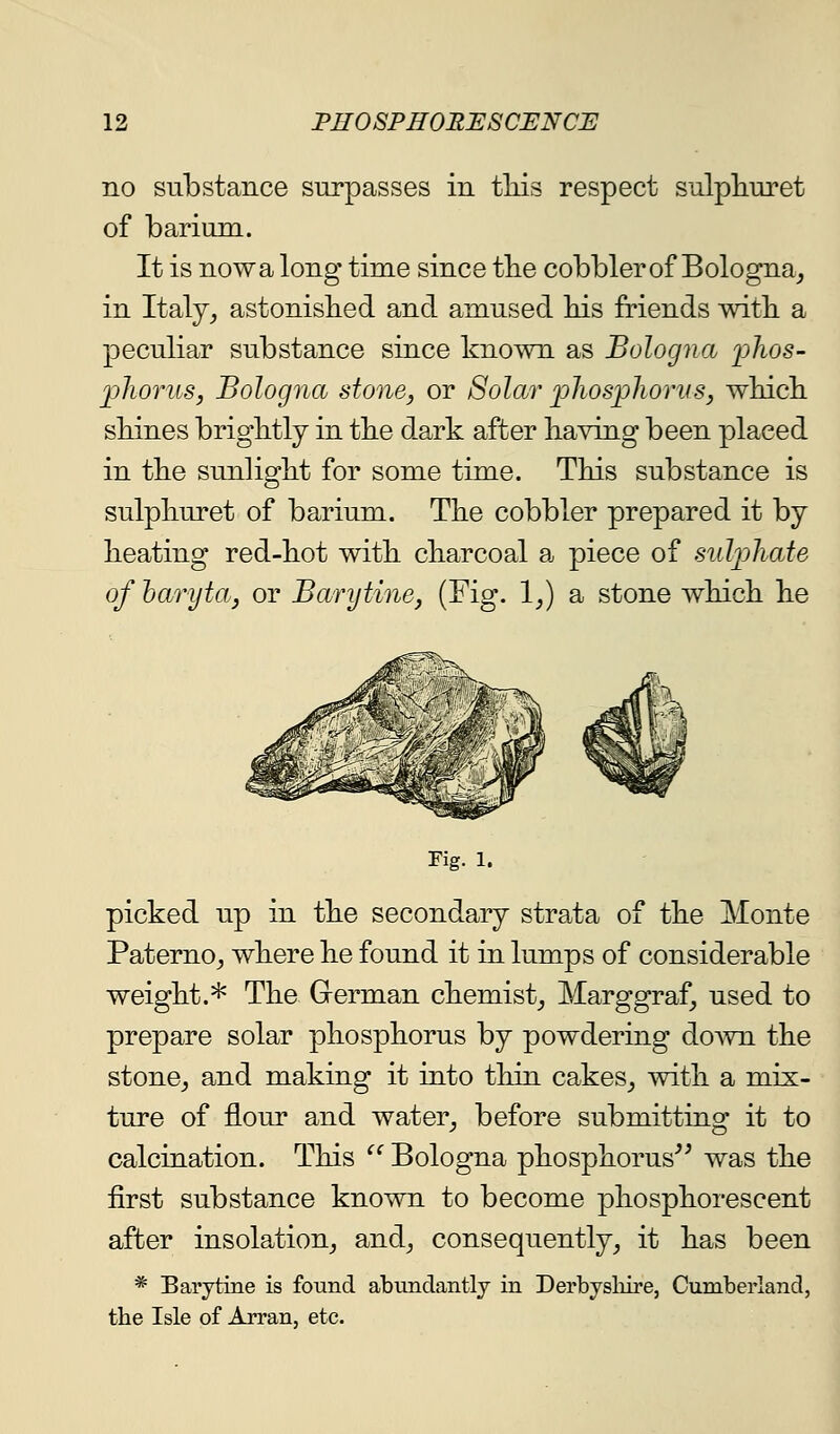 no substance surpasses in tliis respect sulpliuret of barium- It is nowa long time since tlie cobbler of Bologna, in Italy, astonisbed and amused bis friends witb a peculiar substance since known as Bologna fJios- jphorus, Bologna stone, or Solar pJiosphorus, wbicb sbines brigbtly in tbe dark after liaving been placed in tbe sunligbt for some time. Tbis substance is sulpliuret of barium. Tbe cobbler prepared it by beating red-bot witb cbarcoal a piece of sitlr)hate of harytaj or Barytine, (Fig. 1,) a stone Avbicb be Fig. 1. picked up in tbe secondary strata of tbe Monte Paterno, wbere be found it in lumps of considerable weigbt.* Tbe German cbemist, Marggraf, used to prepare solar pbospborus by powdering doAvn the stone, and making it into tbin cakes, witb a mix- ture of flour and water, before submitting it to calcination. Tbis '^ Bologna pbospborus^' was tbe first substance known to become pbospborescent after insolation, and, consequently, it bas been * Barytine is found abundantly in Derbysliire, Cumberland, the Isle of Arran, etc.