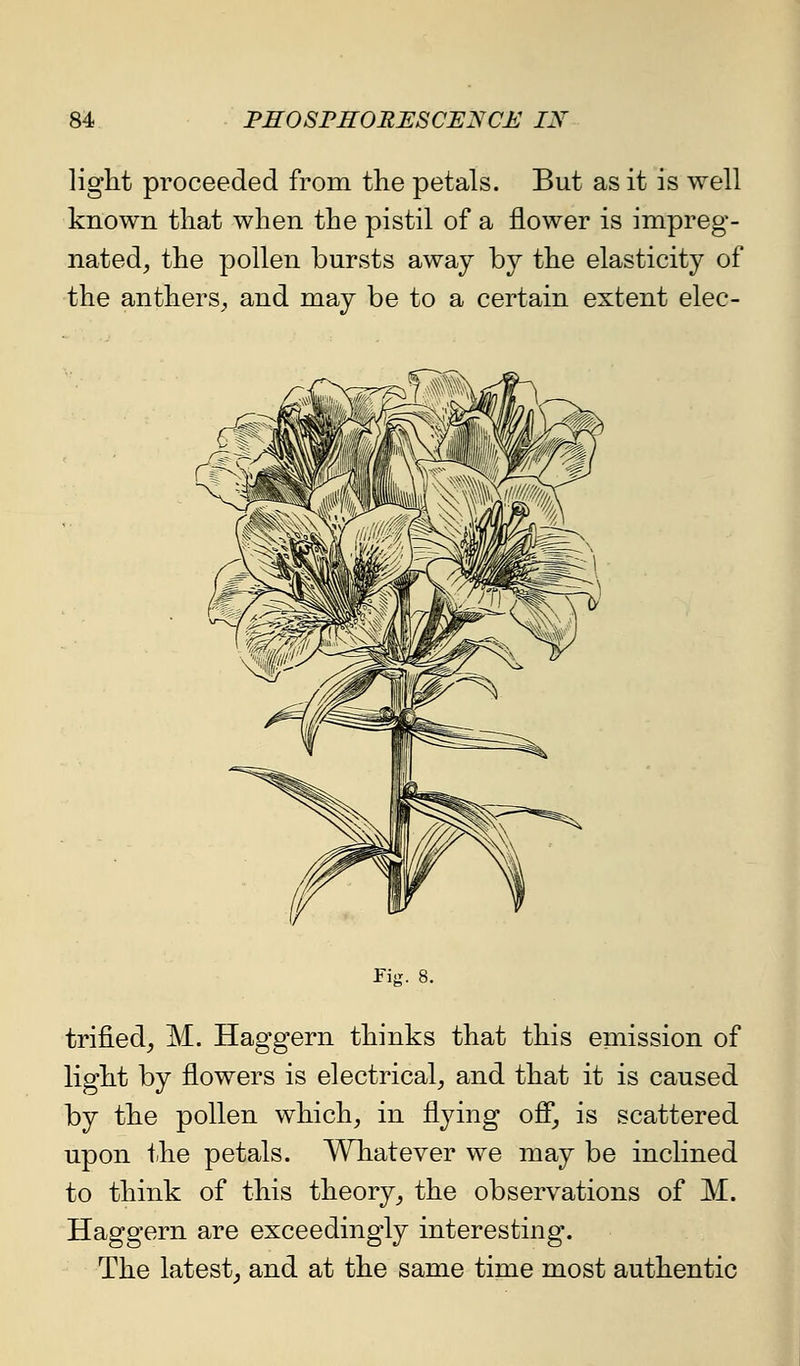 light proceeded from the petals. But as it is well known that when the pistil of a flower is impreg- nated, the pollen bursts away by the elasticity of the anthers, and may be to a certain extent elec- Fiii. 8. trifled^ M. Haggern thinks that this emission of light by flowers is electrical, and that it is caused by the pollen which, in flying ofi, is scattered upon the petals. Whatever we may be inclined to think of this theory, the observations of M. Haggern are exceedingly interesting. The latest, and at the same time most authentic