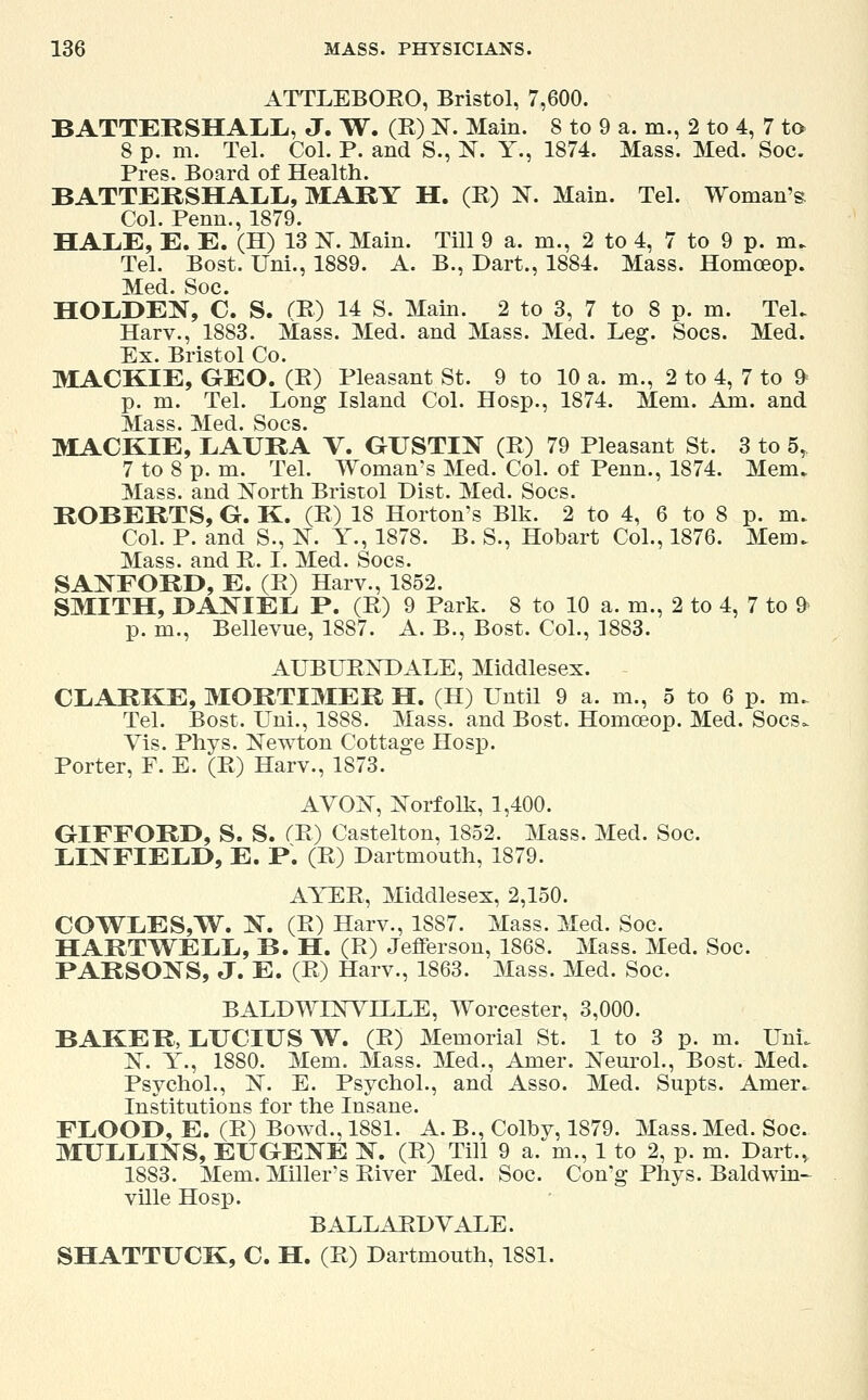 ATTLEBOEO, Bristol, 7,600. BATTERSHALL, J. W. (R) N. Main. 8 to 9 a. m., 2 to 4, 7 to 8 p. m. Tel. Col. P. and S., N. Y., 1874. Mass. Med. Soc. Pres. Board of Health. BATTERSHALL, »IARY H. (R) N. Main. Tel. Woman's. Col. Penn., 1879. HALE, E. E. (H) 13 N. Main. Till 9 a. m., 2 to 4, 7 to 9 p. m. Tel. Bost. Uni., 1889. A. B., Dart., 1884. Mass. Homceop. Med. Soc. HOLDEN, C. S. (R) 14 S. Main. 2 to 3, 7 to 8 p. m. TeL Harv., 1883. Mass. Med. and Mass. Med. Leg. Socs. Med. Ex. Bristol Co. MACKIE, GEO. (R) Pleasant St. 9 to 10 a. m., 2 to 4, 7 to 9< p. m. Tel. Long Island Col. Hosp., 1874. Mem. Am. and Mass. Med. Socs. MACKIE, LAURA V. GUSTIN (R) 79 Pleasant St. 3 to 5, 7 to 8 p. m. Tel. Woman's Med. Col. of Penn., 1874. Mem. Mass. and North Bristol Dist. Med. Socs. ROBERTS, G. K. (R) 18 Horton's Blk. 2 to 4, 6 to 8 p. m. Col. P. and S., N. Y., 1878. B. S., Hobart Col., 1876. Mem. Mass. and R. I. Med. Socs. SANFORD, E. (R) Harv., 1852. SMITH, DAXIEL P. (R) 9 Park. 8 to 10 a. m., 2 to 4, 7 to & p. m., Bellevue, 1887. A. B., Bost. Col., 1883. AUBURNDALE, Middlesex. CLARKE, MORTIMER H. (H) Until 9 a. m., 5 to 6 p. m. Tel. Bost. Uni., 1888. Mass. and Bost. Homceop. Med. Socs. Vis. Phys. Newton Cottage Hosp. Porter, F. E. (R) Harv., 1873. AVON, Norfolk, 1,400. GIFFORD, S. S. fR) Castelton, 1852. Mass. Med. Soc. LINFIELD, E. P. (R) Dartmouth, 1879. AYER, Middlesex, 2,150. COWLES,W. N. (R) Harv., 1887. Mass. Med. Soc. HARTWELL, B. H. (R) Jefferson, 1868. Mass. Med. Soc. PARSONS, J. E. (R) Harv., 1863. Mass. Med. Soc. BALDWINVLLLE, Worcester, 3,000. BAKER, LUCIUS W. (R) Memorial St. 1 to 3 p. m. UnL N. Y., 1880. Mem. Mass. Med., Amer. Neurol., Bost. Med. Psychol., N. E. Psychol., and Asso. Med. Supts. Amer. Institutions for the Insane. FLOOD, E. (R) Bowd., 1881. A. B., Colby, 1879. Mass. Med. Soc. MULLINS, EUGENE N. (R) Till 9 a. m., 1 to 2, p. m. Dart., 1883. Mem. Miller's River Med. Soc. Con'g Phys. Baldwin- ville Hosp. BALLARD VALE. SHATTUCK, C. H. (R) Dartmouth, 1881.