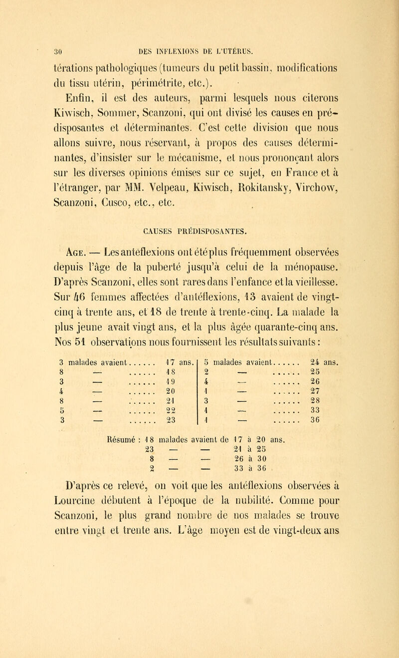 térations pathologiques (tumeurs du petit bassin, modifications du tissu utérin, périmétrite, etc.). Enfin, il est des auteurs, parmi lesquels nous citerons Kiwisch, Sommer, Scanzoni, qui ont divisé les causes en pré- disposantes et déterminantes. C'est cette division que nous allons suivre, nous réservant, à propos des causes détermi- nantes, d'insister sur le mécanisme, et nous prononçant alors sur les diverses opinions émises sur ce sujet, en France et à l'étranger, par MM. Velpeau, Kiwisch, Rokitansky, Yirchow, Scanzoni, Cusco, etc., etc. CAUSES PRÉDISPOSANTES. Age. — Les antéflexions ont été plus fréquemment observées depuis l'âge de la puberté jusqu'à celui de la ménopause. D'après Scanzoni, elles sont rares dans l'enfance et la vieillesse. Sur 46 femmes affectées d'antéflexions, 13 avaient de vingt- cinq à trente ans, et 18 de trente à trente-cinq. La malade la plus jeune avait vingt ans, et la plus âgée quarante-cinq ans. Nos 51 observations nous fournissent les résultats suivants : 3 malades avaient .. 47 ans. 5 malades avaient.. .. 24 ans 8 — . . 48 2 — .. 25 3 — . . 4 9 4 — .. 26 4 — . . 20 4 — .. 27 8 — .. 24 3 — .. 28 S — 22 4 — .. 33 3 — . . 23 4 — .. 36 Résumé : 4 8 malades avaient de 47 à 20 ans. 23 — — 24 à 25 8 — — 26 à 30 2 — — 33 à 36 D'après ce relevé, on voit que les antéflexions observées à Lourcine débutent à l'époque de la nubilité. Comme pour Scanzoni, le plus grand nombre de nos malades se trouve entre vingt et trente ans. L'âge moyen est de vingt-deux ans