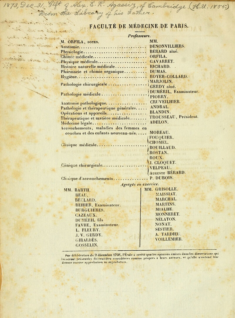 ■■.'*^.~.11'i. .  ' ' FACULTÉ DE MÉDECINE DE PARIS. ... , ', Professeurs. M. ORFILA, DOYEN. MM. ^ -  • ■ . Aiiatoraie DENONVILLIERS. .r. •.-... ... Physiologie BÉRARD aîaé. .'=:». Ghiraie médicale ORFILA. ' ■ ; Physique médicale GAVARRET. Histoire nalurelle médicale RICHARD. . Pharmacie et chimie organique DUMAS. Hygièae ROYER-COLLARU.- „,,.,. . , IMARJOLIN. raiholoffie chirurgicale r'T^nrw « -   'GERDY ame. ~ -» n 1 I • j- 1 JDUMÉRIL, Examinateur. '-...^ Pathologie médicale , PIORRY. Aaatomie pathologique CRUVEILHIER. Pathologie et thérapeutique générales ANDRAL. Opérations et appareils BLANDIIN. Thérapeutique et matière médicale TROUSSEAU, Présideul. Médecine légale ADELON. Accouchements, maladies des femmes en y couches et des enfants nouveau-nés MOREAU. (FOUQUIER. ,.,. . ... , CHOMEL. uiuique médicale BOUILLAUD. (rostan. ( roux. Clinique chirurgicale YELPEAU. (Auguste BÉRARD. Cliiiique d'accouchements P. DUBOIS. Agrégés en exercice. MM. BARTH. BEAU. BÉCLARD. BEHIEB, Examinateur. BURGUIÈRES. CAZKAUX. DUMÉRIL fils FAVRE, Examinateur. L. FLEURY. .1. V. GERDY. GIRAT.DÈS. GOSSELIN. MM. GRISOLLE. MAISSUn. MARCHAL. MARTINS. MIALHE. MONNERET. NÉLATON. NONAT. SESTIER. A. TARDIEli. VOILLEMIER. iliér?tion du 9 décembre 1798, fÉnole a arrêté que les opinions émises dans les dissertations qui nré.,entcos do.veutêtrc o.msidérées comme propres à lenrs auteurs, et qu'elle u entend leur Par dcl liiiseroot j.n...t«..... > ..,.■.—V-.. « donner auctine .ipprobatiou ni improbation.