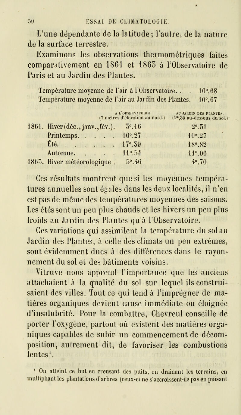 L'une dépendante de la latitude; l'autre, de la nature de la surface terrestre. Examinons les observations thermométriques faites comparativement en 1861 et 1865 à l'Observatoire de Paris et au Jardin des Plantes. Température moyenne de l'air à l'Observatoire. . . 10°,68 Température moyenne de l'air au Jardin des Plantes. 10°,67 A l'oeservatoihe au jardin des plantes. (7 mètres d'élévation au nord.) {\'',Z'5 au-dessous du sol.) 1861. Hiver(déc.,janv.,fév.). oM6 2^31 Printemps 10°.27 10°.27 Été 17°.59 18«.82 Automne 11°. 54 11°. 06 1865. Hiver météorologique . 5°.46 4°.70 Ces résultats montrent que si les moyennes tempéra- tures annuelles sont égales dans les deux localités, il n'en est pas de même des températures moyennes des saisons. Les étés sont un peu plus chauds et les hivers un peu plus froids au Jardin des Plantes qu'à l'Observatoire. Ces variations qui assimilent la température du sol au Jardin des Plantes, à celle des climats un peu extrêmes, sont évidemment dues à des différences dans le rayon- nement du sol et des bâtiments voisins. Vitruve nous apprend l'importance que les anciens attachaient à la qualité du sol sur lequel ils construi- saient des villes. Tout ce qui tend à l'imprégner de ma- tières organiques devient cause immédiate ou éloignée d'insalubrité. Pour la combattre, Chevreul conseille de porter l'oxygène, partout où existent des matières orga- niques capables de subir un commencement de décom- position, autrement dit, de favoriser les combustions lentes \ * On atteint ce but en creusant des puits, en drainant les terrains, en multipliant les plantations d'arbres (ceux-ci ne s'accroissent-ils pas en puisant