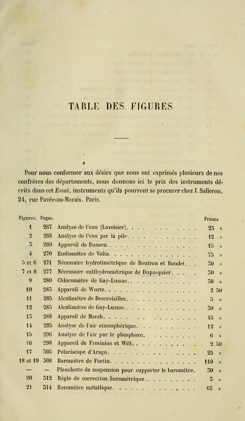 TABLE DES FIGURES Pour nous conformer aux désirs que nous ont exprimés plusieurs de nos confrères des départements, nous donnons ici le prix des instruments dé- crits dans cet Essai, instruments qu'ils pourront se procurer chez h Salleron, 24, rue Pavée-au-Marais. Paris. Figures. Pages. Francs 1 267 Analyse de l'eau (Lavoisier) 25 « 2 268 Analyse de l'eau par la pile 12 » 5 269 Appareil de Bunsen 15 » 4 270 Eudiomètre de Volta 75 ), 5 et 6 271 Nécessaire hydrotimétrique de Boutron et Boudet. . . 50 » 7 et 8 277 Nécessaire sulfhydrométrique de Dupasquier. ... 30 » 9 280 Chloromètre de Gay-Lussac 30 » 10 283 Appareil de Wurtz 2 50 11 285 Alcalimètre de Descroizilles 5 » 12 285 Alcalimètre de Gay-Lussac.. , , 50 » 13 288 Appareil de Marsh 45 » 14 295 Analyse de l'air atmosphérique 12 >; 15 296 Analyse de l'air par le phosphore 6 » 16 298 Appareil de Fresinius et Will 2 50 17 305 Polariscope d'Arago. 25 » 18 et 19 308 Baromètre de Fortin 110 « — — Planchette de suspension pour supporter le baromètre. 50 » 20 312 Bègle de correction barométrique 5 /> 21 314 Baromètre métallique, ,,.,,,,.,,,.,, 65 «