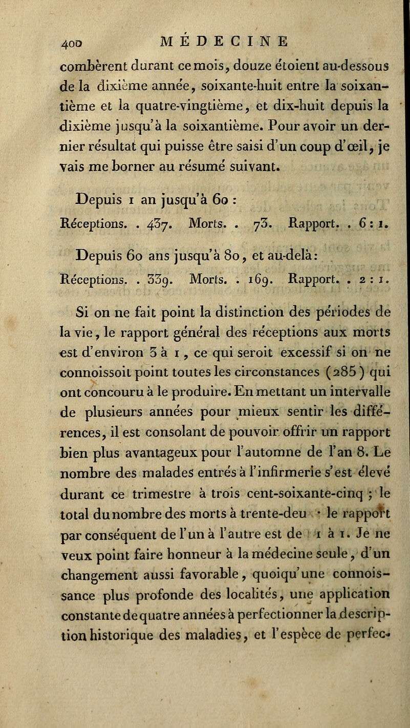 tombèrent durant ce mois, douze étoient au-dessous de la dixième année, soixante-huit entre la soixan- tième et la quatre-vingtième, et dix-huit depuis la dixième jusqu'à la soixantième. Pour avoir un der- nier résultat qui puisse être saisi d'un coup d'œil, je vais me borner au résume' suivant. Depuis i an jusqu'à 60 : Réceptions. . 437. Morts. . 73. Rapport. .6:1. Depuis 60 ans jusqu'à 80, et au-delà: Réceptions. . 33g. Morts. . 169. Rapport. .2:1. Si on ne fait point la distinction des périodes de la vie, le rapport général des réceptions aux morts est d'environ 3 à 1, ce qui seroit excessif si on ne connoissoit point toutes les circonstances (a85 ) qui ont concouru à le produire. En mettant un intervalle de plusieurs années pour mieux sentir les diffé- rences, il est consolant de pouvoir offrir un rapport bien plus avantageux pour l'automne de l'an 8. Le nombre des malades entrés à l'infirmerie s'est élevé durant ce trimestre à trois cent-soixante-cinq ; le total du nombre des morts à trente-deu • le rapport par conséquent de l'un à l'autre est de 1 à 1. Je ne veux point faire honneur à la médecine seule, d'un changement aussi favorable, quoiqu'une connois- sance plus profonde des localités, une application constante de quatre années à perfectionner la descrip- tion historique des maladies, et l'espèce de perfec-