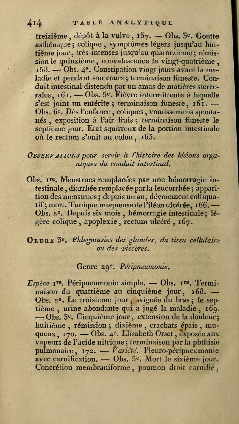 treizième, dépôt à la vulve, 157. — Obs. 3e. Goutte asthénique ; colique, symptômes légers jusqu'au hui- tième jour, très-intenses jusqu'au quatorzième; rémis- sion le quinzième, convalescence le vingt-quatrième, i58. — Obs. 4e. Constipation vingt jours avant la ma- ladie et pendant son cours ; terminaison funeste. Con*- duit intestinal distendu par un amas de matières sterco- rales, 161. — Obs. 5e. Fièvre intermittente à laquelle s'est joint un entérite ; terminaison funeste, 161. — Obs. 6e. Dès l'enfance, coliques, vomissemens sponta- nés , exposition à Pair frais ; terminaison funeste le septième jour. Etat squirreux de la portion intestinale où le rectum s'unit au colon, i63. Observations pour servir à l'histoire des Usions orga- niques du conduit intestinal. Obs. ite. Menstrues remplacées par une hémorragie in- testinale , diarrhée remplacée parla leucorrhée ; appari- tion des menstrues ; depuis un an, dévoiement colliqua- tif ; mort. Tunique muqueuse de l'iléon ulcérée, 166. — Obs. 2e. Depuis six mois , hémorragie intestinale ; lé- gère colique, apoplexie, rectum ulcéré, 167. Ordre 3e. Phlegmasies des glandes, du tissu cellulaire ou des viscères. Genre 20e. Péripneumonie. Espèce ire. Péripneumonie simple. — Obs. ire. Termi- naison du quatrième au cinquième jour, 168. ■— Obs. 2e. Le troisième jour, saignée du bras; le sep- tième , urine abondante qui a jugé la maladie, 169. — Obs. 3e. Cinquième jour, extension de la douleur; huitième , rémission ; dixième , crachats épais , mu- queux, 170. — Obs. 4e. Elisabeth Orset, exposée aux vapeurs de l'acide nitrique; terminaison parla phthisie pulmonaire, 172. — Variété. Pleuro-péripneumonie avec carnification. — Obs. 5e. Mort le sixième jour. Concrétion membraniforme, poumon droit caraifié 5 1