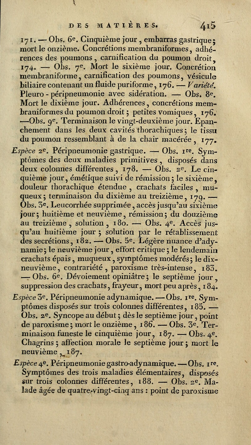 171. — Obs. 6e. Cinquième jour, embarras gastrique; mort le onzième. Concrétions membraniformes, adhé- rences des poumons, carnification du poumon droit, 174. — Obs. 7e. Mort le sixième jour. Concrétion membraniforme, carnification des poumons, vésicule biliaire contenant un fluide puriforme, 176. ■— Variété, Pleuro - péripneumonie avec sidération. — Obs. 8e. Mort le dixième jour. Adhérences, concrétions mem- braniformes du poumon droit 5 petites vomiques, 176. —Obs. 9e. Terminaison le vingt-deuxième jour. Epan- chement dans les deux cavités thorachiques ; le tissu du poumon ressemblant à de la chair macérée, 177. Espèce 2e. Péripneumonie gastrique. — Obs. ire. Sym- ptômes des deux maladies primitives, disposés dans deux colonnes différentes, 178. — Obs. 2e. Le cin- quième jour, émétique suivi de rémission j le sixième, douleur thorachique étendue , crachats faciles , mu- queux; terminaison du dixième au treizième, 179. — Obs. 3e. Leucorrhée supprimée, accès jusqu'au sixième jour 5 huitième et neuvième, rémission ; du douzième au treizième, solution, 180. — Obs. 4e. Accès jus- qu'au huitième jour ; solution par le rétablissement des sécrétions, 182. — Obs. 5e. Légère nuance d'ady- namie j le neuvième jour, effort critique 5 le lendemain crachats épais, muqueux, symptômes modérés; le dix- neuvième, contrariété, paroxisme très-intense, i83. —rObs. 6e. Dévoiement opiniâtre ; le septième jour, suppression des crachats, frayeur, mort peu après, 184. Espèce 3e. Péripneumonie adynamique.—Obs. ire. Sym- ptômes disposés sur trois colonnes différentes, i85. —- Obs. 2e. Syncope au début ; dès le septième jour, point de paroxisme j mort le onzième, 186*. — Obs. 3e. Ter- minaison funeste le cinquième jour, 187. — Obs. 4e. Chagrins ; affection morale le septième jour j mort le neuvième. 187. Espèce 4e. Péripneumonie gastro-adynamique. —- Obs. ire. Symptômes des trois maladies élémentaires, disposés sur trois colonnes différentes, 188. — Obs. 2e. Ma- lade âgée de quatre-vingt-cinq ans : point de paroxisme