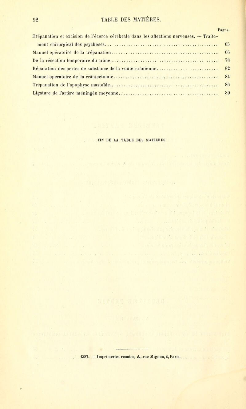 Pagps. Tnîpanation et excision de l'écorce cérébrale dans les affections nerveuses. — Traite- ment chirurgical des psychoses G5 Manuel opératoire de la trépanation G6 De la résection temporaire du crâne.. 78 Réparation des pertes de substance de la voûte crânienne • 82 Manuel opératoire de la crâniectomic Si Trépanation de l'apophyse mastoïdc 86 Ligature de l'artère méningée moyenne 89 FIN DE LA TABLE DES MATIERES 1587. — Imprimeries rouiiies, â., rue Mignon,2, Caris.