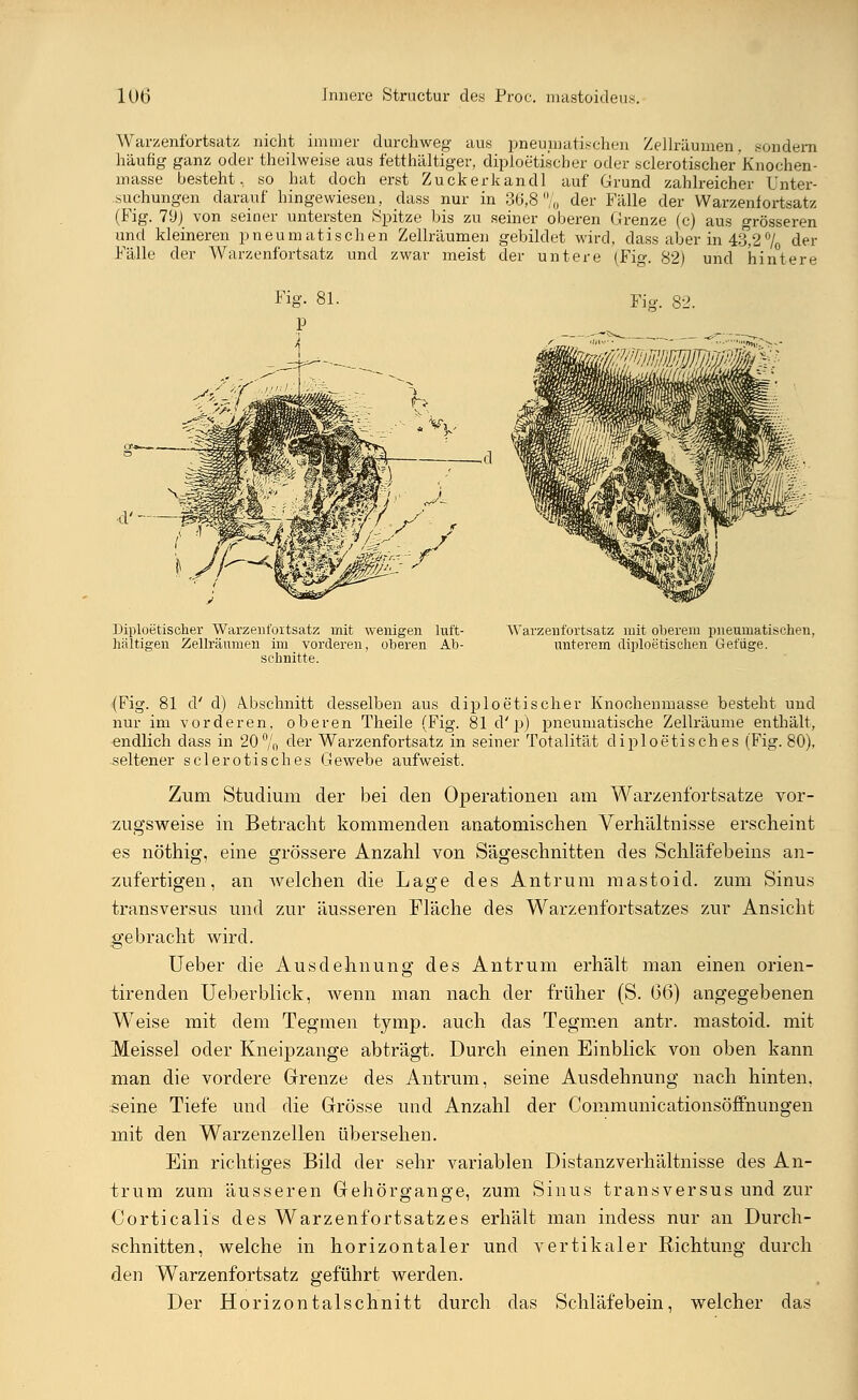 Warzenfortsatz nicht immer durchweg' aus pneumatischen Zellräumen, sondern häufig ganz oder theilweise aus fetthaltiger, diploetischer oder sclerotischer Knochen- masse besteht, so hat doch erst Zuckerkandl auf Grund zahlreicher Unter- suchungen darauf hingewiesen, dass nur in 36,8% der Fälle der Warzenfortsatz (Fig. 79) von seiner untersten Spitze bis zu seiner oberen Grenze (c) aus Grösseren und kleineren pneumatischen Zellräumen gebildet wird, dass aber in 43,2°/ der Fälle der Warzenfortsatz und zwar meist der untere (Fig. 82) und hintere Fig. 82. ■d' — Diploetischer Warzenfortsatz mit wenigen luft- Warzenfortsatz mit oberem pneumatischen, hältigen Zellräumen im vorderen, oberen Ab- unterem diploetischen Gefüge, schnitte. (Fig. 81 d' d) Abschnitt desselben aus diploetischer Knochenmasse, besteht und nur im vorderen, oberen Theile (Fig. 81 d'p) pneumatische Zellräume enthält, endlich dass in 20% c^er Warzenfortsatz in seiner Totalität cliploetisches (Fig. 80), seltener sclerotisches Gewebe aufweist. Zum Studium der bei den Operationen am Warzenfbrfcsatze vor- zugsweise in Betracht kommenden anatomischen Verhältnisse erscheint es nöthig, eine grössere Anzahl von Sägeschnitten des Schläfebeins an- zufertigen, an welchen die Lage des Antrum mastoid. zum Sinus transversus und zur äusseren Fläche des Warzenfortsatzes zur Ansicht gebracht wird. Ueber die Ausdehnung des Antrum erhält man einen orien- tirenden Ueberblick, wenn man nach der früher (S. 66) angegebenen Weise mit dem Tegmen tymp. auch das Tegmen antr. mastoid. mit Meissel oder Kneipzange abträgt. Durch einen Einblick von oben kann man die vordere Grenze des Antrum, seine Ausdehnung nach hinten, seine Tiefe und die Grösse und Anzahl der Communicationsöffnungen mit den Warzenzellen übersehen. Ein richtiges Bild der sehr variablen Distanzverhältnisse des An- trum zum äusseren Gehörgange, zum Sinus transversus und zur Corticalis des Warzenfortsatzes erhält man indess nur an Durch- schnitten, welche in horizontaler und vertikaler Richtung durch den Warzenfortsatz geführt werden. Der Horizontalschnitt durch das Schläfebein, welcher das