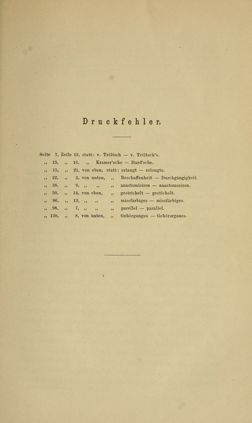 Druckfehler. Seite 7, Zeile 12, statt: v. Tröltsch — v. Tröltscli's. ,, 13, „ 16, ,, Kramer'sche — Itard'sche. 21, von oben, statt: erlangt — erlangte. 15, 22, 38, 50, 130, 3, von unten, ,, Beschaffenheit — Durchgängigkeit. 8, ,, ,, ,, anastomisiren — anastomosiren. 14, von ohen, ,, gestrichelt — gestichelt. 13, ,, ,, ,, missfarbiges — missfärhiges. 7, ,, ,, ,, parellel — parallel. 8, von unten, ,, Gehörganges — Gehörorganes.
