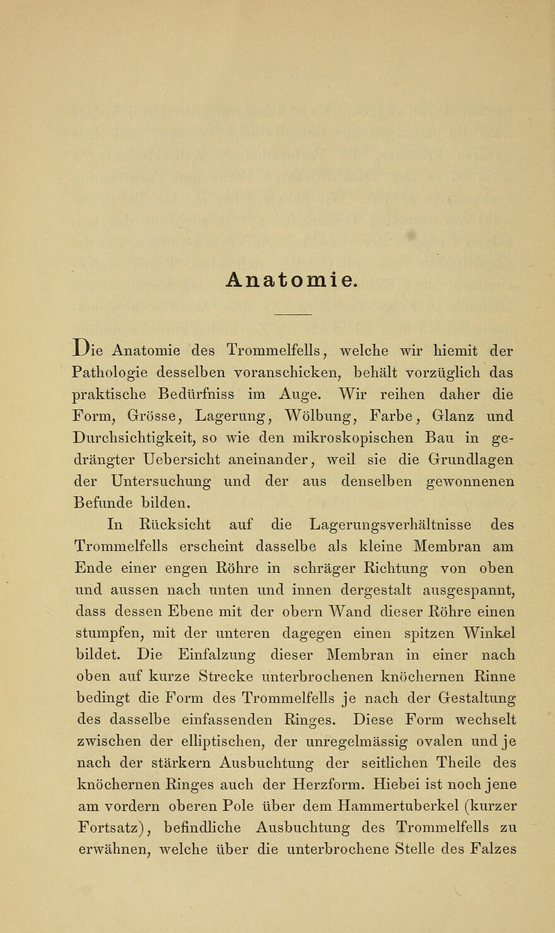 Anatomie. JJie Anatomie des Trommelfells, welche wir hiemit der Pathologie desselben voranschicken, behält vorzüglich das praktische Bedürfniss im Auge. Wir reihen daher die Form, Grösse, Lagerung, Wölbung, Farbe, Glanz und Durchsichtigkeit, so wie den mikroskopischen Bau in ge- drängter Uebersicht aneinander, weil sie die Grundlagen der Untersuchung und der aus denselben gewonnenen Befunde bilden. In Rücksicht auf die Lagerungsverhältnisse des Trommelfells erscheint dasselbe als kleine Membran am Ende einer engen Röhre in schräger Richtung von oben und aussen nach unten und innen dergestalt ausgespannt, dass dessen Ebene mit der obern Wand dieser Röhre einen stumpfen, mit der unteren dagegen einen spitzen Winkel bildet. Die Einfalzung dieser Membran in einer nach oben auf kurze Strecke unterbrochenen knöchernen Rinne bedingt die Form des Trommelfells je nach der Gestaltung des dasselbe einfassenden Ringes. Diese Form wechselt zwischen der elliptischen, der unregelmässig ovalen und je nach der stärkern Ausbuchtung der seitlichen Theile des knöchernen Ringes auch der Herzform. Hiebei ist noch jene am vordem oberen Pole über dem Hammertuberkel (kurzer Fortsatz), befindliche Ausbuchtung des Trommelfells zu erwähnen, welche über die unterbrochene Stelle des Falzes