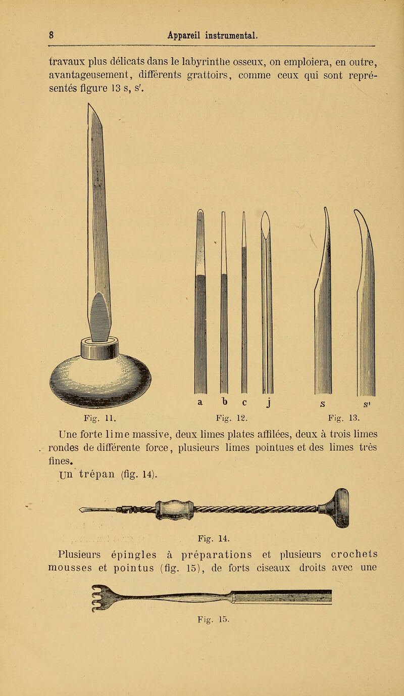 travaux plus délicats dans le labyrinthe osseux, on emploiera, en outre, avantageusement, différents grattoirs, comme ceux qui sont repré- sentés figure 13 s, s'. 1> c Fis. 12. S s1 Fia-. 13. Fig. 11. Une forte lime massive, deux limes plates affilées, deux à trois limes rondes de différente force, plusieurs limes pointues et des limes très fines. Un trépan (fig. 14). Fig. 14. Plusieurs épingles à préparations et plusieurs crochets mousses et pointus (fig. 15), de forts ciseaux droits avec une