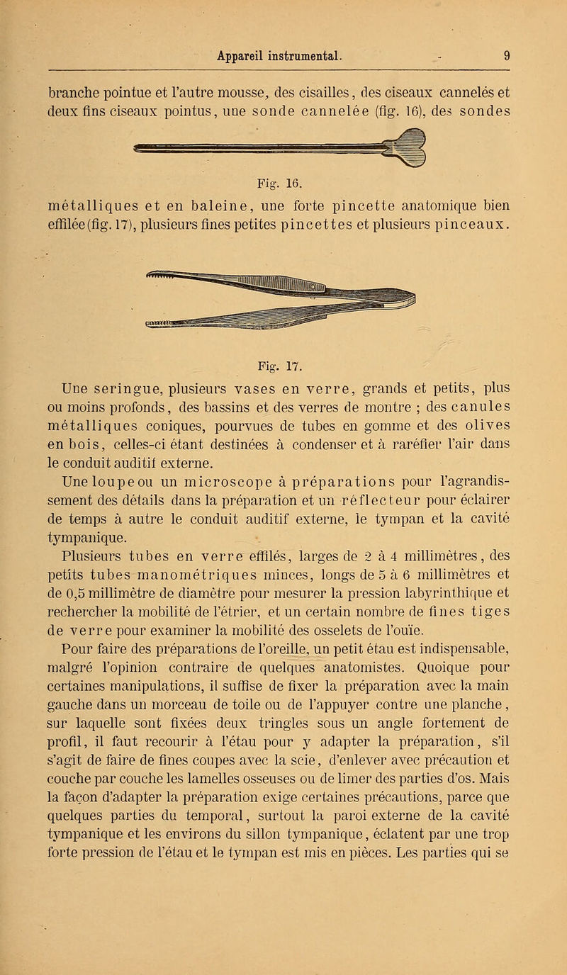 branche pointue et l'autre mousse, des cisailles, des ciseaux caûnelés et deux fins ciseaux pointus, uoe sonde cannelée (flg. 16), des sondes Fig. 16. métalliques et en baleine, une forte pincette anatomique bien effilée(fig. 17), plusieurs fines petites pincettes et plusieurs pinceaux. Pig. 17. Une seringue, plusieurs vases en verre, grands et petits, plus ou moins profonds, des bassins et des verres de montre ; des canules métalliques coniques, pourvues de tubes en gomme et des olives en bois, celles-ci étant destinées à condenser et à raréfier l'air dans le conduit auditif externe. Uneloupeou un microscope à préparations pour l'agrandis- sement des détails dans la préparation et un réflecteur pour éclairer de temps à autre le conduit auditif externe, le tympan et la cavité tympanique. Plusieurs tubes en verre effilés, larges de 2 à 4 millimètres, des petits tubes manométriques minces, longs de 5 à 6 millimètres et de 0,5 millimètre de diamètre pour mesurer la pression labyrinthique et rechercher la mobilité de l'étrier, et un certain nombre de fines tiges de verre pour examiner la mobilité des osselets de l'ouïe. Pour faire des préparations de l'oreille, un petit étau est indispensable, malgré l'opinion contraire de quelques anatomistes. Quoique pour certaines manipulations, il suffise de fixer la préparation avec la main gauche dans un morceau de toile ou de l'appuyer contre une planche, sur laquelle sont fixées deux tringles sous un angle fortement de profil, il faut recourir à l'étau pour y adapter la préparation, s'il s'agit de faire de fines coupes avec la scie, d'enlever avec précaution et couche par couche les lamelles osseuses ou de limer des parties d'os. Mais la façon d'adapter la préparation exige certaines précautions, parce que quelques parties du temporal, surtout la paroi externe de la cavité tympanique et les environs du sillon tympanique, éclatent par une trop forte pression de l'étau et le tympan est mis en pièces. Les parties qui se