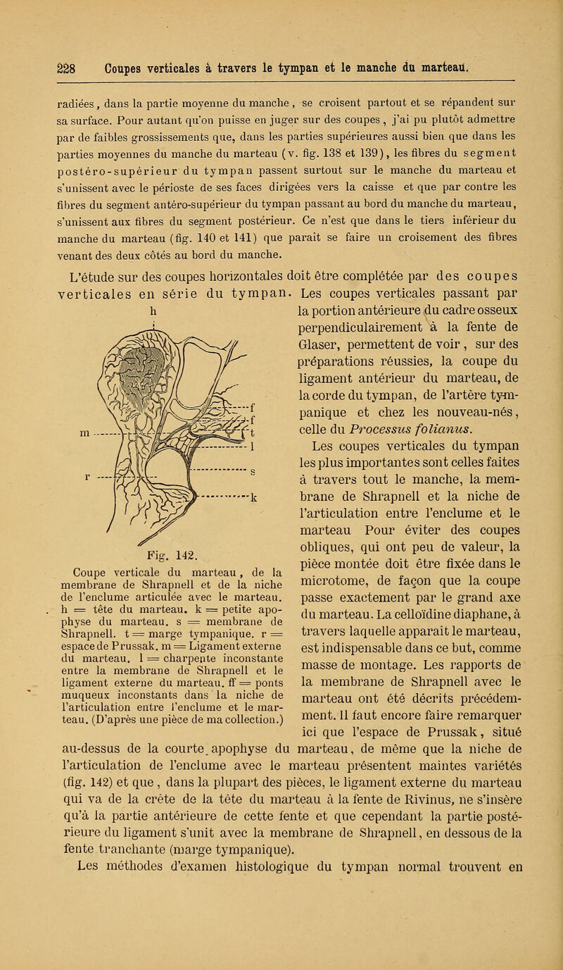 radiées, dans la partie moyenne du manche , se croisent partout et se répandent sur sa surface. Pour autant qu'on puisse en juger sur des coupes, j'ai pu plutôt admettre par de faibles grossissements que, dans les parties supérieures aussi bien que dans les parties moyennes du manche du marteau (v. fig. 138 et 139), les fibres du segment postéro-supérieur du tympan passent surtout sur le manche du marteau et s'unissent avec le périoste de ses faces dirigées vers la caisse et que par contre les fibres du segment antéro-supérieur du tympan passant au bord du manche du marteau, s'unissent aux fibres du segment postérieur. Ce n'est que dans le tiers inférieur du manche du marteau (fig. 140 et 141) que parait se faire un croisement des fibres venant des deux côtés au bord du manche. L'étude sur des coupes horizontales doit être complétée par des coupes verticales en série du tympan. Les coupes verticales passant par h la portion antérieure du cadre osseux perpendiculairement à la fente de Glaser, permettent de voir , sur des préparations réussies, la coupe du ligament antérieur du marteau, de la corde du tympan, de l'artère tym- panique et chez les nouveau-nés, celle du Processus folianus. Les coupes verticales du tympan les plus importantes sont celles faites à travers tout le manche, la mem- brane de Shrapnell et la niche de l'articulation entre l'enclume et le marteau Pour éviter des coupes obliques, qui ont peu de valeur, la pièce montée doit être fixée dans le microtome, de façon que la coupe passe exactement par le grand axe du marteau. La celloïdine diaphane, à travers laquelle apparaît le marteau, est indispensable dans ce but, comme masse de montage. Les rapports de la membrane de Shrapnell avec le marteau ont été décrits précédem- ment. Il faut encore faire remarquer Fig. 142. Coupe verticale du marteau, de la membrane de Shrapnell et de la niche de l'enclume articulée avec le marteau, h = tête du marteau, k = petite apo- physe du marteau, s = membrane de Shrapnell. t = marge tympanique. r = espace de Prussak. m = Ligament externe du marteau. 1 = charpente inconstante entre la membrane de Shrapnell et le ligament externe du marteau, ff = ponts muqueux inconstants dans la niche de l'articulation entre l'enclume et le mar- teau. (D'après une pièce de ma collection.) ici que l'espace de Prussak, situé au-dessus de la courte.apophyse du marteau, de même que la niche de l'articulation de l'enclume avec le marteau présentent maintes variétés (fig. 142) et que, dans la plupart des pièces, le ligament externe du marteau qui va de la crête de la tête du marteau à la fente de Rivinus, ne s'insère qu'à la partie antérieure de cette fente et que cependant la partie posté- rieure du ligament s'unit avec la membrane de Shrapnell, en dessous de la fente tranchante (marge tympanique). Les méthodes d'examen histologique du tympan normal trouvent en