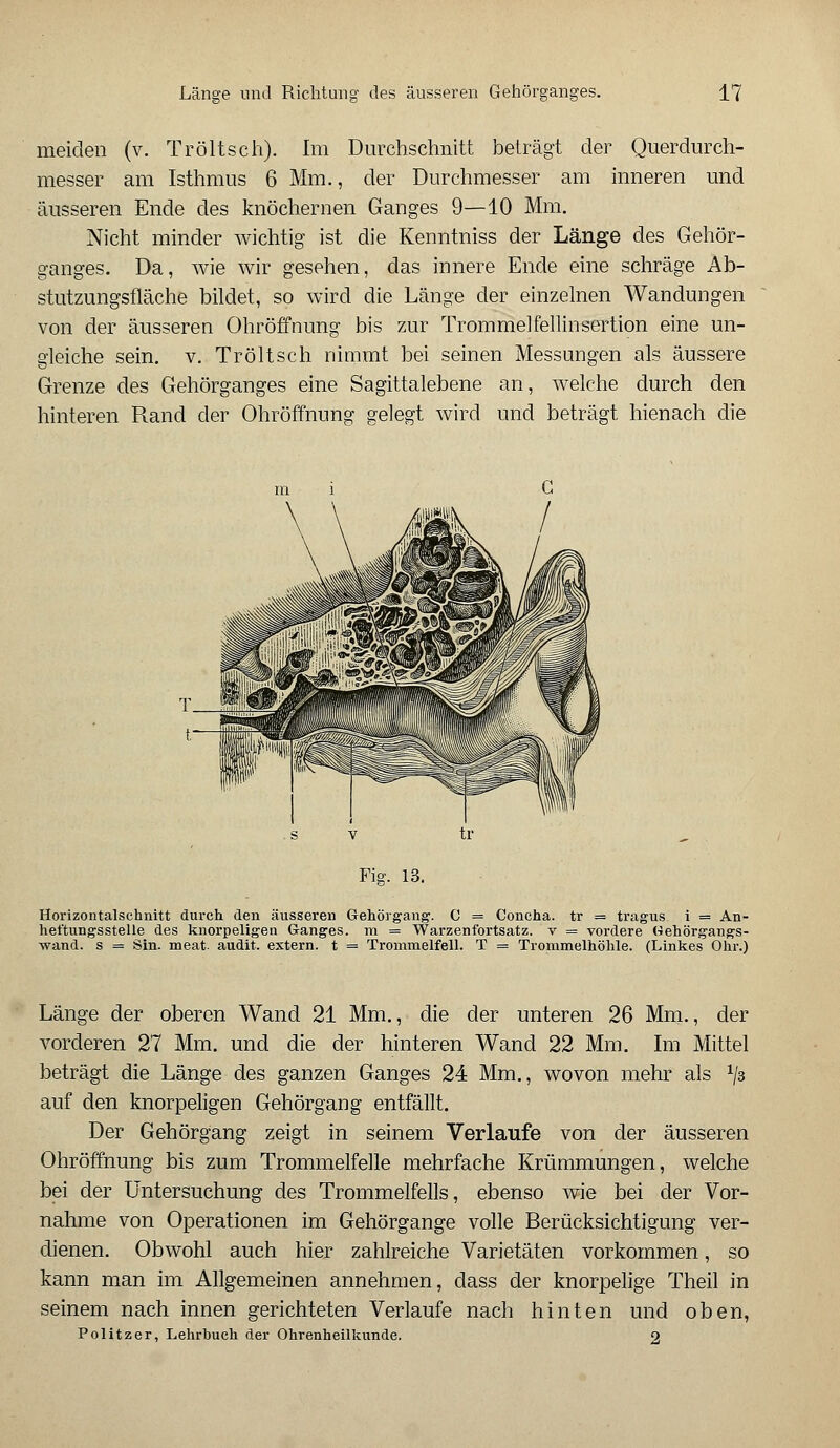 meiden (v. Tröltsch). Im Durchschnitt beträgt der Querdurch- messer am Isthmus 6 Mm., der Durchmesser am inneren und äusseren Ende des knöchernen Ganges 9—10 Mm. Nicht minder wichtig ist die Kenntniss der Länge des Gehör- ganges. Da, wie wir gesehen, das innere Ende eine schräge Ab- stutzungsfläche bildet, so wird die Länge der einzelnen Wandungen von der äusseren Ohröffnung bis zur Trommelfellinsertion eine un- gleiche sein. v. Tröltsch nimmt bei seinen Messungen als äussere Grenze des Gehörganges eine Sagittalebene an, welche durch den hinteren Rand der Ohröffnung gelegt wird und beträgt hienach die Fig. 13. Horizontalschnitt durch den äusseren Gehörgang. C = Concha. tr = tragus i = An- het'tungsstelle des knorpeligen Ganges, m = Warzenfortsatz, v = vordere (-»ehörgangs- wand. s = Sin. meat audit. extern, t = Trommelfell. T = Trommelhöhle. (Linkes Ohr.) Länge der oberen Wand 21 Mm., die der unteren 26 Mm., der vorderen 27 Mm. und die der hinteren Wand 22 Mm. Im Mittel beträgt die Länge des ganzen Ganges 24 Mm., wovon mehr als x\z auf den knorpeligen Gehörgang entfällt. Der Gehörgang zeigt in seinem Verlaufe von der äusseren Ohröffnung bis zum Trommelfelle mehrfache Krümmungen, welche bei der Untersuchung des Trommelfells, ebenso wie bei der Vor- nahme von Operationen im Gehörgange volle Berücksichtigung ver- dienen. Obwohl auch hier zahlreiche Varietäten vorkommen, so kann man im Allgemeinen annehmen, dass der knorpelige Theil in seinem nach innen gerichteten Verlaufe nach hinten und oben, Politzer, Lehrbuch der Ohrenheilkunde. 2