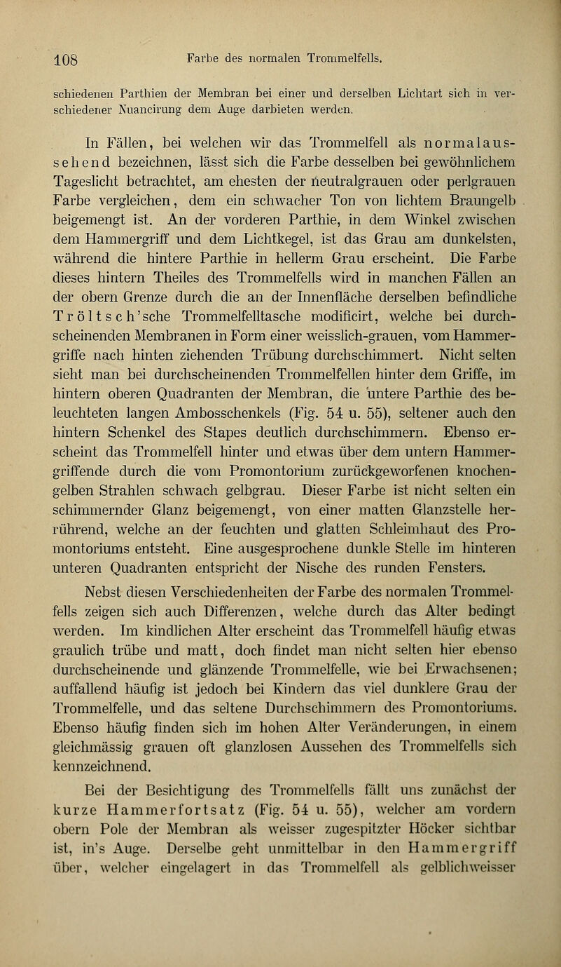 schiedenen Parthien der Membran bei einer und derselben Lichtart sich in ver- schiedener Nuancirung dem Auge darbieten werden. In Fällen, bei welchen wir das Trommelfell als normal aus- sehend bezeichnen, lässt sich die Farbe desselben bei gewöhnlichem Tageslicht betrachtet, am ehesten der neutralgrauen oder perlgrauen Farbe vergleichen, dem ein schwacher Ton von lichtem Braungelb beigemengt ist. An der vorderen Parthie, in dem Winkel zwischen dem Hammergriff und dem Lichtkegel, ist das Grau am dunkelsten, während die hintere Parthie in hellerm Grau erscheint. Die Farbe dieses hintern Theiles des Trommelfells wird in manchen Fällen an der obern Grenze durch die an der Innenfläche derselben befindliche Tr öl t s c h'sche Trommelfelltasche modificirt, welche bei durch- scheinenden Membranen in Form einer weisslich-grauen, vom Hammer- griffe nach hinten ziehenden Trübung durchschimmert. Nicht selten sieht man bei durchscheinenden Trommelfellen hinter dem Griffe, im hintern oberen Quadranten der Membran, die untere Parthie des be- leuchteten langen Ambosschenkels (Fig. 54 u. 55), seltener auch den hintern Schenkel des Stapes deutlich durchschimmern. Ebenso er- scheint das Trommelfell hinter und etwas über dem untern Hammer- griffende durch die vom Promontorium zurückgeworfenen knochen- gelben Strahlen schwach gelbgrau. Dieser Farbe ist nicht selten ein schimmernder Glanz beigemengt, von einer matten Glanzstelle her- rührend, welche an der feuchten und glatten Schleimhaut des Pro- montoriums entsteht. Eine ausgesprochene dunkle Stelle im hinteren unteren Quadranten entspricht der Nische des runden Fensters. Nebst diesen Verschiedenheiten der Farbe des normalen Trommel- fells zeigen sich auch Differenzen, welche durch das Alter bedingt werden. Im kindlichen Alter erscheint das Trommelfell häufig etwas graulich trübe und matt, doch findet man nicht selten hier ebenso durchscheinende und glänzende Trommelfelle, wie bei Erwachsenen; auffallend häufig ist jedoch bei Kindern das viel dunklere Grau der Trommelfelle, und das seltene Durchschimmern des Promontoriums. Ebenso häufig finden sich im hohen Alter Veränderungen, in einem gleichmässig grauen oft glanzlosen Aussehen des Trommelfells sich kennzeichnend. Bei der Besichtigung des Trommelfells fällt uns zunächst der kurze Hammerfortsatz (Fig. 54 u. 55), welcher am vordem obern Pole der Membran als weisser zugespitzter Höcker sichtbar ist, in's Auge. Derselbe geht unmittelbar in den Hammergriff über, welcher eingelagert in das Trommelfell als gelblich weisser