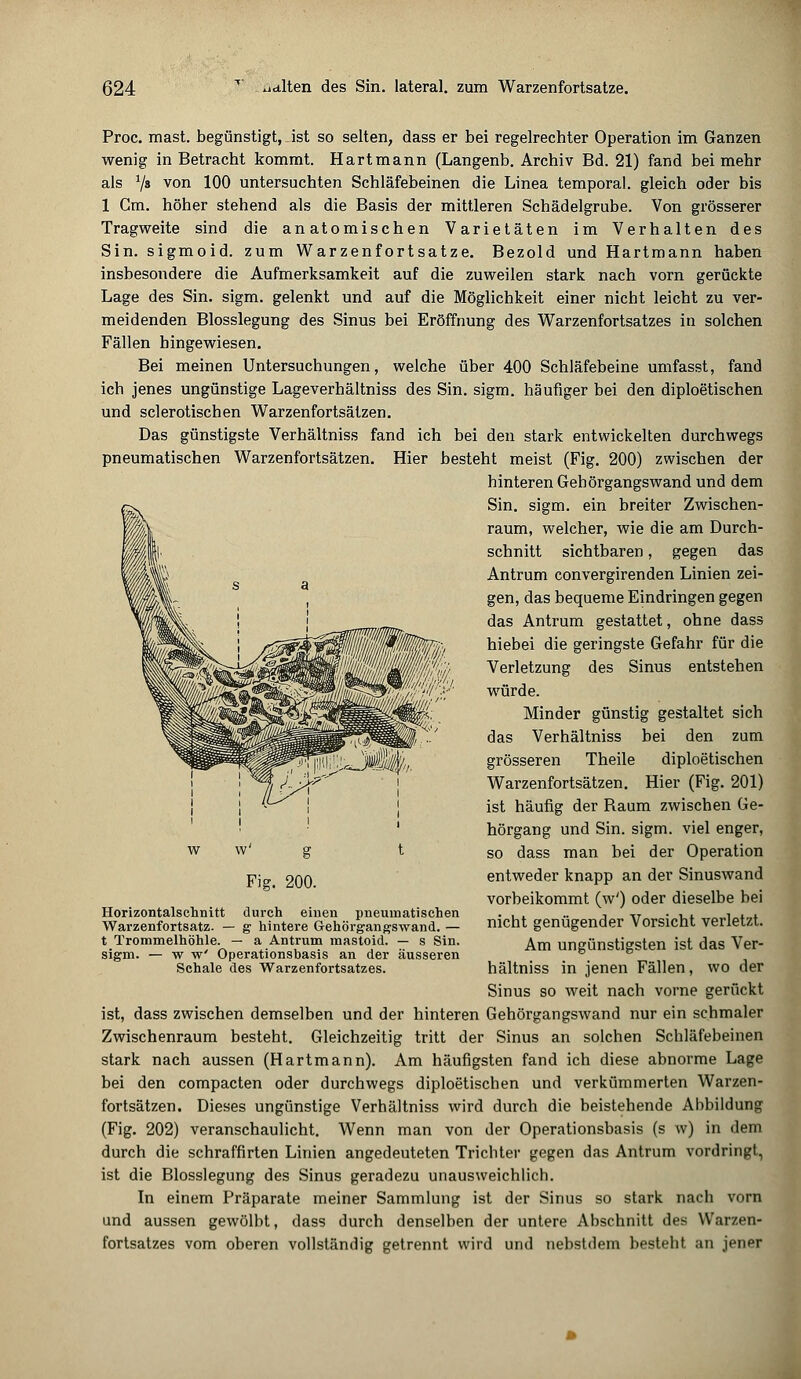 Proc. mast. begünstigt, Jst so selten, dass er bei regelrechter Operation im Ganzen wenig in Betracht kommt. Hartmann (Langenb. Archiv Bd. 21) fand bei mehr als V3 von 100 untersuchten Schläfebeinen die Linea temporal, gleich oder bis 1 Gm. höher stehend als die Basis der mittleren Schädelgrube. Von grösserer Tragweite sind die anatomischen Varietäten im Verhalten des Sin. sigmoid. zum Warzenfortsatze. Bezold und Hartmann haben insbesondere die Aufmerksamkeit auf die zuweilen stark nach vorn gerückte Lage des Sin. sigm. gelenkt und auf die Möglichkeit einer nicht leicht zu ver- meidenden Blosslegung des Sinus bei Eröffnung des Warzenfortsatzes in solchen Fällen hingewiesen. Bei meinen Untersuchungen, welche über 400 Schläfebeine umfasst, fand ich jenes ungünstige Lageverhältniss des Sin. sigm. häufiger bei den diploetischen und sclerotischen Warzenfortsätzen. Das günstigste Verhältniss fand ich bei den stark entwickelten durchwegs pneumatischen Warzenfortsätzen. Hier besteht meist (Fig. 200) zwischen der hinteren Gehörgangswand und dem Sin. sigm. ein breiter Zwischen- raum, welcher, wie die am Durch- schnitt sichtbaren, gegen das Antrum convergirenden Linien zei- gen, das bequeme Eindringen gegen das Antrum gestattet, ohne dass hiebei die geringste Gefahr für die Verletzung des Sinus entstehen würde. Minder günstig gestaltet sich das Verhältniss bei den zum grösseren Theile diploetischen Warzenfortsätzen. Hier (Fig. 201) ist häufig der Baum zwischen Ge- hörgang und Sin. sigm. viel enger, so dass man bei der Operation entweder knapp an der Sinuswand vorbeikommt (w') oder dieselbe bei nicht genügender Vorsicht verletzt. Am ungünstigsten ist das Ver- hältniss in jenen Fällen, wo der Sinus so weit nach vorne gerückt ist, dass zwischen demselben und der hinteren Gehörgangswand nur ein schmaler Zwischenraum besteht. Gleichzeitig tritt der Sinus an solchen Schläfebeinen stark nach aussen (Hartmann). Am häufigsten fand ich diese abnorme Lage bei den compacten oder durchwegs diploetischen und verkümmerten Warzen- fortsätzen. Dieses ungünstige Verhältniss wird durch die beistehende Abbildung (Fig. 202) veranschaulicht. Wenn man von der Operationsbasis (s w) in dem durch die schraffirten Linien angedeuteten Trichter gegen das Antrum vordringt, ist die Blosslegung des Sinus geradezu unausweichlich. In einem Präparate meiner Sammlung ist der Sinus so stark nach vorn und aussen gewölbt, dass durch denselben der untere Abschnitt des Warzen- fortsatzes vom oberen vollständig getrennt wird und nebstdem besteht an jcnpr Fig. 200. Horizontalschnitt durch einen pneumatischen Warzenfortsatz. — g hintere Gehörgangswand. — t Trommelhöhle. — a Antrum mastoid. — s Sin. sigm. — w w' Operationsbasis an der äusseren Schale des Warzenfortsatzes.