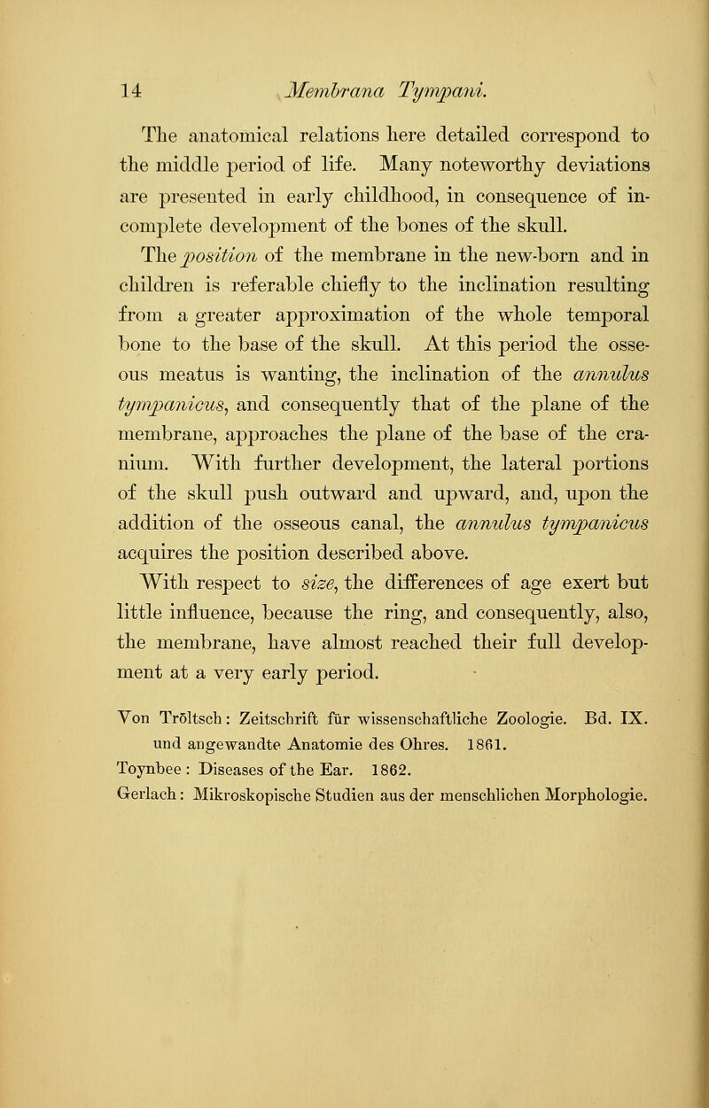 The anatomical relations here detailed correspond to the middle period of life. Many noteworthy deviations are presented in early childhood, in consequence of in- complete development of the bones of the skull. The position of the membrane in the new-born and in children is referable chiefly to the inclination resulting from a greater approximation of the whole temporal bone to the base of the skull. At this period the osse- ous meatus is wanting, the inclination of the annulus tympanicus, and consequently that of the plane of the membrane, approaches the plane of the base of the cra- nium. With further development, the lateral portions of the skull push outward and upward, and, upon the addition of the osseous canal, the annulus tym/panicus acquires the position described above. With respect to size, the differences of age exert but little influence, because the ring, and consequently, also, the membrane, have almost reached their full develop- ment at a very early period. Von Tr5ltsch: Zeitscbrift fur wissenscbaftliche Zoologie. Bel. IX. und augewandte Anatomie des Ohres. 1861. Toynbee : Diseases of the Ear. 1862. Gerlach: Mikroskopische Studien aus der menschlichen Morpbologie.