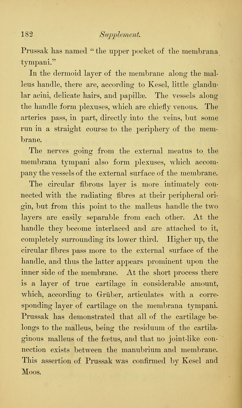 Prussak has named  tke upper pocket of tke membrana tympani. In tke dermoid layer of tke membrane along tke mal- leus kandle, tkere are, according to Kesel, little glandu- lar acini, delicate hairs, and papillae. Tke vessels along tke kandle form plexuses, wkick are chiefly venous. Tke arteries pass, in part, directly into tke veins, but some run in a straigkt course to tke peripkery of tke mem- brane. Tke nerves going from tke external meatus to. tke membrana tympani also form plexuses, wkick accom- pany tke vessels of tke external surface of tke membrane. Tke circular fibrous layer is more intimately con- nected witk tke radiating fibres at their peripheral ori- gin, but from this point to the malleus handle the two layers are easily separable from each other. At the handle they become interlaced and are attached to it, completely surrounding its lower third. Higher up, the circular fibres pass more to the external surface of the handle, and thus the latter appears prominent upon the inner side of the membrane. At the short process there is a layer of true cartilage in considerable amount, which, according to Griiber, articulates with a corre sponding layer of cartilage on the membrana tympani Prussak has demonstrated that all of the cartilage be longs to the malleus, being the residuum of the cartila- ginous malleus of the foetus, and that no joint-like con nection exists between the manubrium and membrane This assertion of Prussak was confirmed by Kesel and Moos.