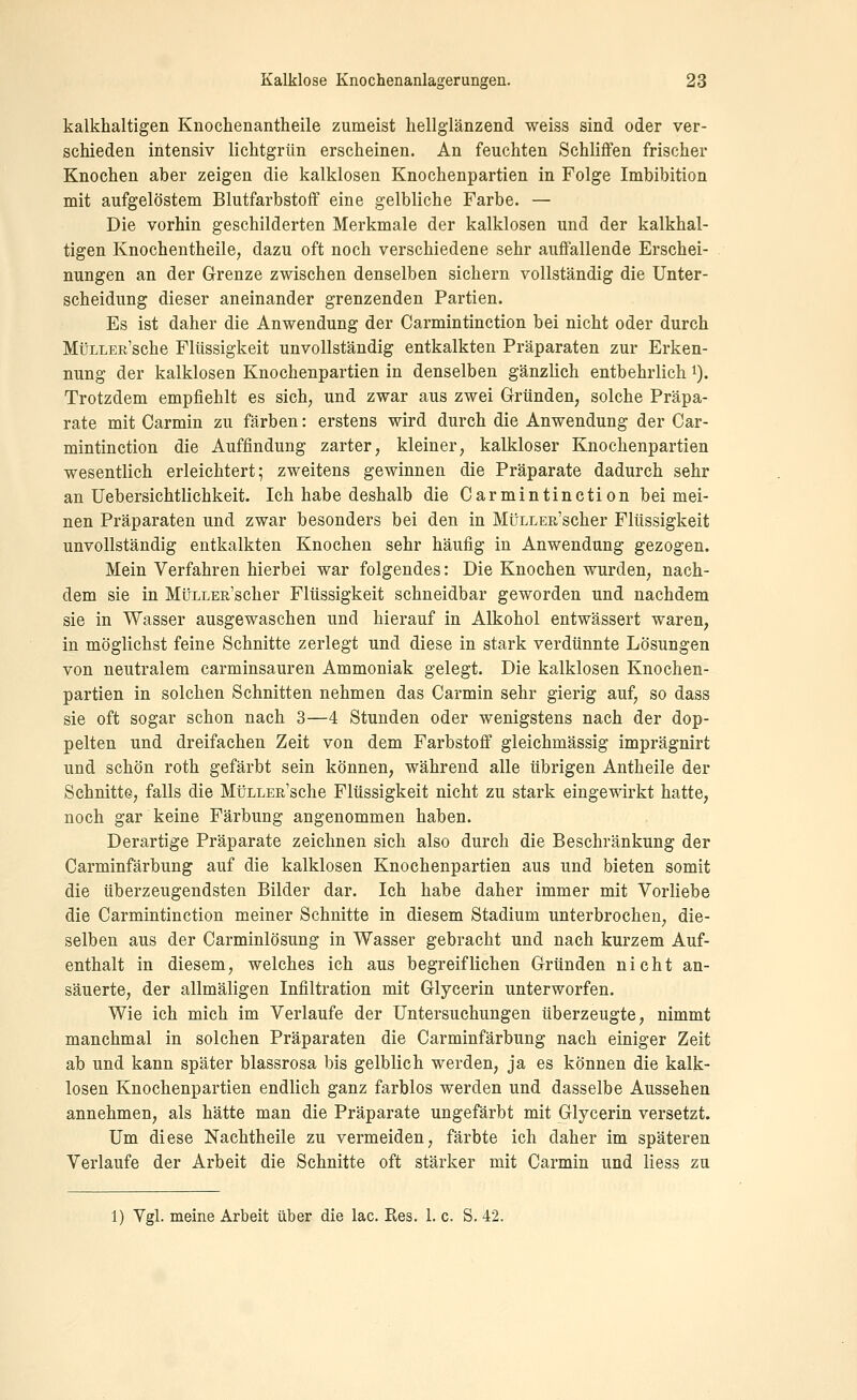 kalkhaltigen Knochenantheile zumeist hellgiänzend weiss sind oder ver- schieden intensiv lichtgrün erscheinen. An feuchten Schliffen frischer Knochen aber zeigen die kalklosen Knochenpartien in Folge Imbibition mit aufgelöstem Blutfarbstoff eine gelbliche Farbe. — Die vorhin geschilderten Merkmale der kalklosen und der kalkhal- tigen Knochentheile, dazu oft noch verschiedene sehr auffallende Erschei- nungen an der Grenze zwischen denselben sichern vollständig die Unter- scheidung dieser aneinander grenzenden Partien. Es ist daher die Anwendung der Carmintinction bei nicht oder durch MüLLER'sche Flüssigkeit unvollständig entkalkten Präparaten zur Erken- nung der kalklosen Knochenpartien in denselben gänzlich entbehrlich i). Trotzdem empfiehlt es sich, und zwar aus zwei Gründen, solche Präpa- rate mit Carmin zu färben: erstens wird durch die Anwendung der Car- mintinction die Auffindung zarter, kleiner, kalkloser Knochenpartien wesentlich erleichtert; zweitens gewinnen die Präparate dadurch sehr an Uebersichtlichkeit. Ich habe deshalb die Carmintinction bei mei- nen Präparaten und zwar besonders bei den in MüLLER'scher Flüssigkeit unvollständig entkalkten Knochen sehr häufig in Anwendung gezogen. Mein Verfahren hierbei war folgendes: Die Knochen wurden, nach- dem sie in MüLLER'scher Flüssigkeit schneidbar geworden und nachdem sie in Wasser ausgewaschen und hierauf in Alkohol entwässert waren, in möglichst feine Schnitte zerlegt und diese in stark verdünnte Lösungen von neutralem carminsauren Ammoniak gelegt. Die kalklosen Knochen- partien in solchen Schnitten nehmen das Carmin sehr gierig auf, so dass sie oft sogar schon nach 3—4 Stunden oder wenigstens nach der dop- pelten und dreifachen Zeit von dem Farbstoff gleichmässig imprägnirt und schön roth gefärbt sein können, während alle übrigen Antheile der Schnitte, falls die MtJLLER'sche Flüssigkeit nicht zu stark eingewirkt hatte, noch gar keine Färbung angenommen haben. Derartige Präparate zeichnen sich also durch die Beschränkung der Carminfärbung auf die kalklosen Knochenpartien aus und bieten somit die überzeugendsten Bilder dar. Ich habe daher immer mit Vorliebe die Carmintinction meiner Schnitte in diesem Stadium unterbrochen, die- selben aus der Carminlösung in Wasser gebracht und nach kurzem Auf- enthalt in diesem, welches ich aus begreiflichen Gründen nicht an- säuerte, der allmäligen Infiltration mit Glycerin unterworfen. Wie ich mich im Verlaufe der Untersuchungen überzeugte, nimmt manchmal in solchen Präparaten die Carminfärbung nach einiger Zeit ab und kann später blassrosa bis gelblich werden, ja es können die kalk- losen Knochenpartien endlich ganz farblos werden und dasselbe Aussehen annehmen, als hätte man die Präparate ungefärbt mit Glycerin versetzt. Um diese Nachtheile zu vermeiden, färbte ich daher im späteren Verlaufe der Arbeit die Schnitte oft stärker mit Carmin und liess zu