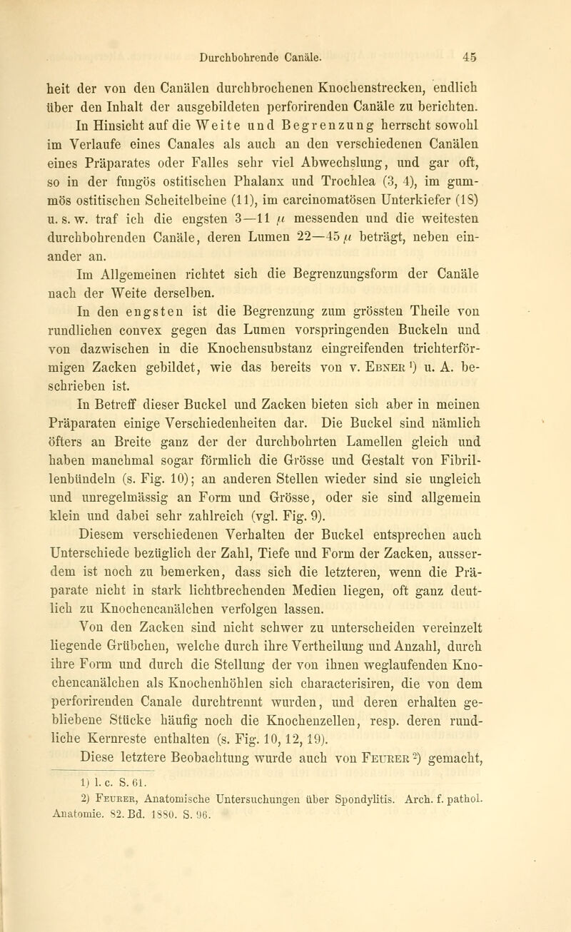 heit der von den Canälen durchbrochenen Knochenstrecken, endlich über den Inhalt der ausgebildeten perforirenden Canäle zu berichten. In Hinsicht auf die Weite und Begrenzung herrscht sowohl im Verlaufe eines Canales als auch an den verschiedenen Canälen eines Präparates oder Falles sehr viel Abwechslung, und gar oft, so in der fungös ostitischen Phalanx und Trochlea (3, 4), im gum- mös ostitischen Scheitelbeine (11), im carcinomatösen Unterkiefer (IS) U.S.W, traf ich die engsten 3—11 f^i messenden und die weitesten durchbohrenden Canäle, deren Lumen 22—45/< beträgt, neben ein- ander an. Im Allgemeinen richtet sich die Begrenzungsform der Canäle nach der Weite derselben. In den engsten ist die Begrenzung zum grössten Theile von rundlichen convex gegen das Lumen vorspringenden Buckeln und von dazwischen in die Knochensubstanz eingreifenden trichterför- migen Zacken gebildet, wie das bereits von v. Ebner i) u. A. be- schrieben ist. In Betreff dieser Buckel und Zacken bieten sich aber in meinen Präparaten einige Verschiedenheiten dar. Die Buckel sind nämlich öfters an Breite ganz der der durchbohrten Lamellen gleich und haben manchmal sogar förmlich die Grösse und Gestalt von Fibril- lenbtindeln (s. Fig. 10); an anderen Stellen wieder sind sie ungleich, und unregelmässig an Form und Grösse, oder sie sind allgemein klein und dabei sehr zahlreich (vgl. Fig. 9). Diesem verschiedenen Verhalten der Buckel entsprechen auch Unterschiede bezüglich der Zahl, Tiefe und Form der Zacken, ausser- dem ist noch zu bemerken, dass sich die letzteren, wenn die Prä- parate nicht in stark lichtbrechenden Medien liegen, oft ganz deut- lich zu Knochencanälchen verfolgen lassen. Von den Zacken sind nicht schwer zu unterscheiden vereinzelt liegende Grübchen, welche durch ihre Vertheilung und Anzahl, durch ihre Form und durch die Stellung der von ihnen weglaufenden Kno- chencanälchen als Knochenhöhlen sich characterisiren, die von dem perforirenden Canäle durchtrennt wurden, und deren erhalten ge- bliebene Stücke häufig noch die Knochenzellen, resp. deren rund- liche Kernreste enthalten (s. Fig. 10,12,19). Diese letztere Beobachtung wurde auch von Feurer -) gemacht, 1) I.e. S. 61. 2) Feuker, Anatomische Untersuchungen über Spondylitis. Arch. f. pathol. Anatomie. 82. Bd. 1880. S. 1J6.