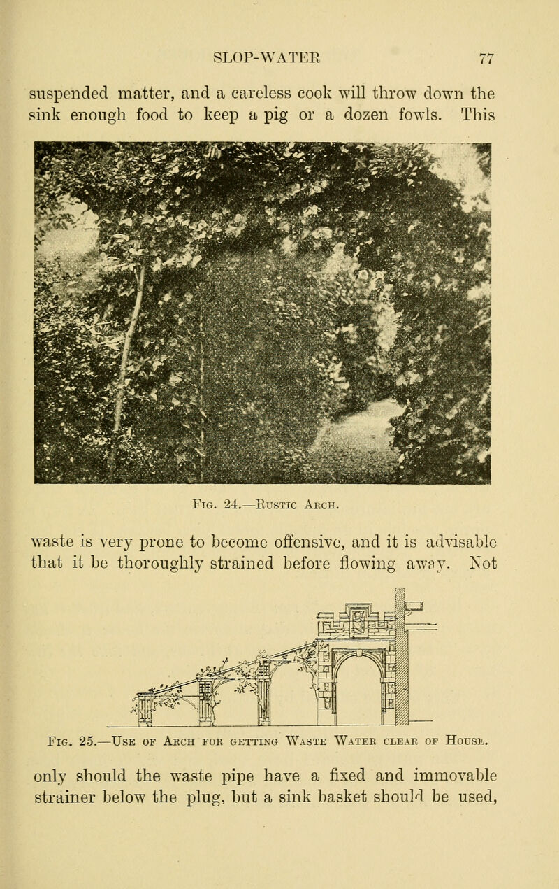 suspended matter, and a careless cook will throw down the sink enough food to keep a pig or a dozen fowls. This Fig. 24.—Eustic Arch. waste is very prone to become offensive, and it is advisable that it be thoroughly strained before flowing away- Not Fig. 25.—Use of Arch for getting Waste Water clear of House. only should the waste pipe have a fixed and immovable strainer below the plug, but a sink basket should be used,