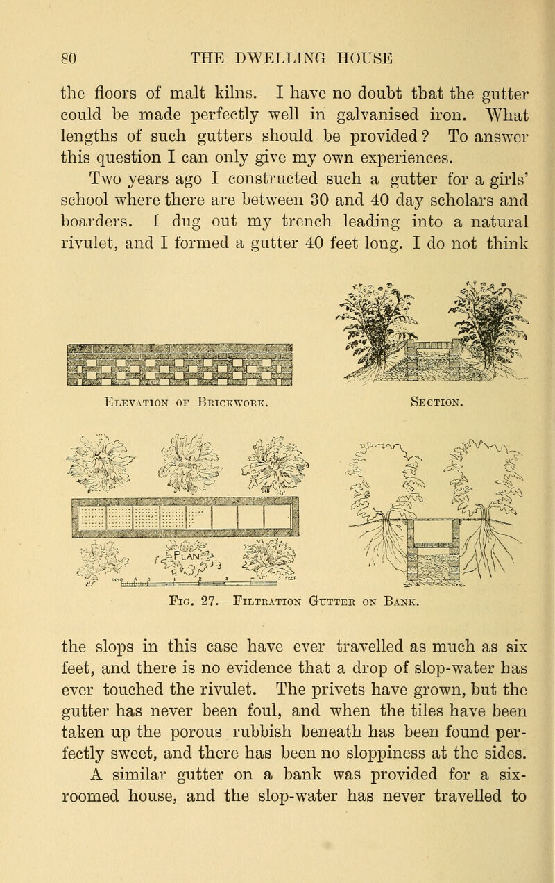 the floors of malt kilns. I have no doubt that the gutter could be made perfectly well in galvanised iron. What lengths of such gutters should be provided ? To answer this question I can only give my own experiences. Two years ago I constructed such a gutter for a girls' school where there are between 30 and 40 day scholars and boarders. I dug out my trench leading into a natural rivulet, and I formed a gutter 40 feet long. I do not think Elevation op Brickwork. Section. %-,%£> (j LSzie ^ Plan > < ~ < I Fig. 27.—Filtration Gutter on Bank. the slops in this case have ever travelled as much as six feet, and there is no evidence that a drop of slop-water has ever touched the rivulet. The privets have grown, but the gutter has never been foul, and when the tiles have been taken up the porous rubbish beneath has been found per- fectly sweet, and there has been no sloppiness at the sides. A similar gutter on a bank was provided for a six- roomed house, and the slop-water has never travelled to