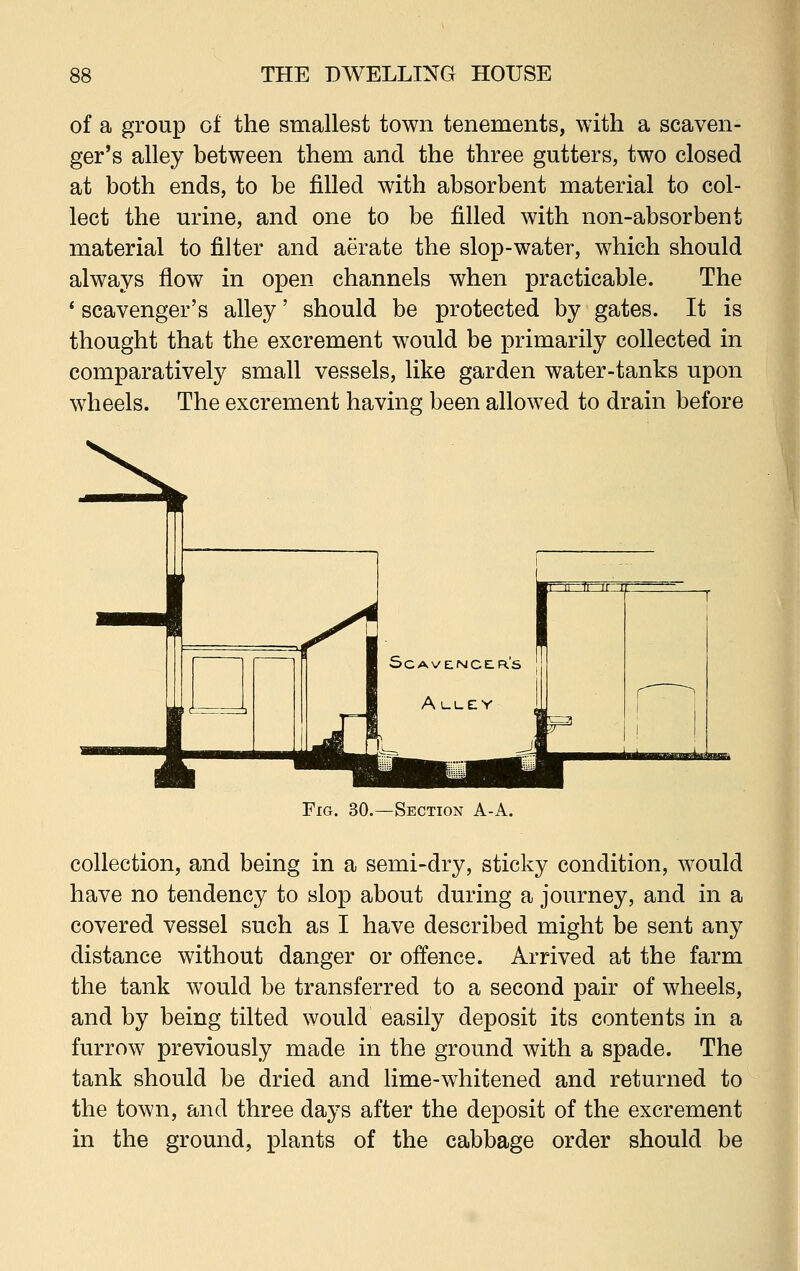 of a group of the smallest town tenements, with a scaven- ger's alley between them and the three gutters, two closed at both ends, to be filled with absorbent material to col- lect the urine, and one to be filled with non-absorbent material to filter and aerate the slop-water, which should always flow in open channels when practicable. The 1 scavenger's alley' should be protected by gates. It is thought that the excrement would be primarily collected in comparatively small vessels, like garden water-tanks upon wheels. The excrement having been allowed to drain before Fig. 30.—Section A-A. collection, and being in a semi-dry, sticky condition, would have no tendency to slop about during a journey, and in a covered vessel such as I have described might be sent any distance without danger or offence. Arrived at the farm the tank would be transferred to a second pair of wheels, and by being tilted would easily deposit its contents in a furrow previously made in the ground with a spade. The tank should be dried and lime-whitened and returned to the town, and three days after the deposit of the excrement in the ground, plants of the cabbage order should be