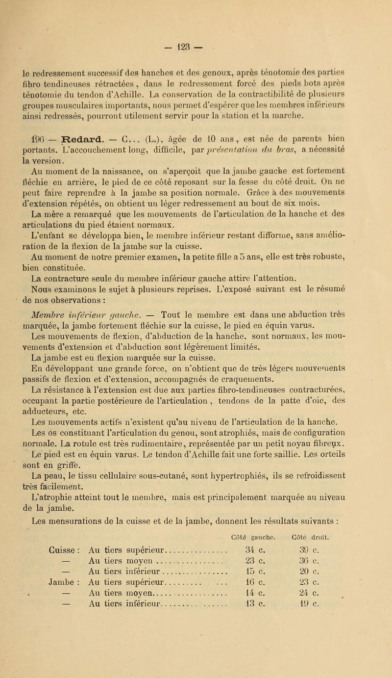 le redressement successif des hanches et des genoux, après tonotomic des parties fibre tendineuses rétractées , dans le redressement forcé dos pieds bots après ténotomie du tendon d'y^chillo. La conservation de la contractibilité de plusieurs groupes musculaires importants, nous permet d'espérer que les membres inférieurs ainsi redressés, pourront utilement servir pour la station et la marche. l'Of) — Redard. — G... (L.), âgée de 10 ans, est née de parents bien portants. L'accouchement long, difficile, ^pav présentation du bras, a nécessité la version. Au moment de la naissance, on s'aperçoit que la jambe gauche est fortement fléchie en arrière, le pied de ce côté reposant sur la fesse du coté droit. On ne peut faire reprendre à la jambe sa position normale. Grâce à des mouvements d'extension répétés, on obtient un léger redressement au bout de six mois. La mère a remarqué que les mouvements de l'articulation de la hanche et des articulations du pied étaient normaux. L'enfant se développa bien, le membre inférieur restant difforme, sans amélio- ration de la flexion de la jambe sur la cuisse. Au moment de notre premier examen, la petite fille a 5 ans, elle est très robuste, bien constituée. La contracture seule du membre inférieur gauche attire l'attention. Nous examinons le sujet à plusieurs reprises. L'exposé suivant est le résumé de nos observations : Membre inférieur gauche. — Tout le membre est dans une abduction très marquée, la jambe fortement fléchie sur la cuisse, le pied en équin varus. Les mouvements de flexion, d'abduction de la hanche, sont normaux, les mou- vements d'extension et d'abduction sont légèrement limités. La jambe est en flexion marquée sur la cuisse. En développant une grande force, on n'obtient que de très légers mouveaients passifs de flexion et d'extension, accompagnés de craquements. La résistance à l'extension est due aux parties fibro-tendineuses contracturées, occupant la partie postérieure de l'articulation , tendons de la patte d'oie, des adducteurs, etc. Les mouvements actifs n'existent qu'au niveau de l'articulation de la hanche. Les os constituant l'articulation du genou, sont atrophiés, mais de configuration normale. La rotule est très rudimentaire, représentée par un petit noyau fibreux. Le pied est en équin varus. Le tendon d'Achille fait une forte saillie. Les orteils sont en griffe. La peau, le tissu cellulaire sous-cutané, sont hypertrophiés, ils se refroidissent très facilement. L'atrophie atteint tout le membre, mais est principalement marquée au niveau de la jambe. Les mensurations de la cuisse et de la jambe, donnent les résultats suivants : Cuisse : Au tiers supérieur. — Au tiers moyen ... — Au tiers inférieur . Jambe : Au tiers supérieur. — Au tiers moyen.... — Au tiers inférieur.. Côté gauche. coté droit, 34 c. 39 c. 23 c. 36 c. 15 c. 20 c. 16 c. 23 c. 14 c. 24 c. 13 c. lu c.