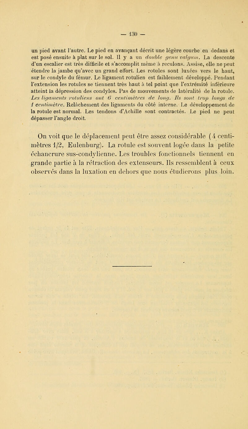 un pied avant l'autre. Le pied en avançant décrit une légère courbe en dedans et est posé ensuite à plat sur le sol. Il y a un double genuvalgum. La descente d'un escalier est très difficile et s'accomplit même à reculons. Assise, elle ne peut étendre la jambe qu'avec un grand effort. Les rotules sont luxées vers le haut, sur le condyle du fémur. Le ligament rotulien est faiblement développé. Pendant l'extension les rotules se tiennent très haut à tel point que l'extrémité inférieure atteint la dépression des condyles. Pas de mouvements de latéralité de la rotule. Les ligaments rotuliens ont 6 centimètres de long. Ils sont troji longs de 1 centimètre. Relâchement des ligaments du côté interne. Le développement de la rotule est normal. Les tendons d'Achille sont contractés. Le pied ne peut dépasser l'angle droit. On voit que le déplacement peut être assez considérable (4 centi- mètres 1/2, Eulenburg). La rotule est souvent logée dans la petite échancrure sus-condylienne. Les troubles fonctionnels tiennent en grande partie à la rétraction des extenseurs. Ils ressemblent à ceux observés dans la luxation en dehors que nous étudierons plus loin.