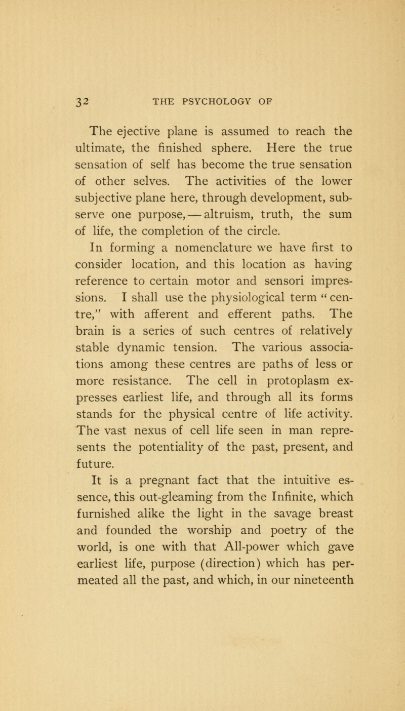 The ejective plane is assumed to reach the ultimate, the finished sphere. Here the true sensation of self has become the true sensation of other selves. The activities of the lower subjective plane here, through development, sub- serve one purpose, — altruism, truth, the sum of life, the completion of the circle. In forming a nomenclature we have first to consider location, and this location as having reference to certain motor and sensori impres- sions. I shall use the physiological term  cen- tre, with afferent and efferent paths. The brain is a series of such centres of relatively stable dynamic tension. The various associa- tions among these centres are paths of less or more resistance. The cell in protoplasm ex- presses earliest life, and through all its forms stands for the physical centre of life activity. The vast nexus of cell life seen in man repre- sents the potentiality of the past, present, and future. It is a pregnant fact that the intuitive es- sence, this out-gleaming from the Infinite, which furnished alike the light in the savage breast and founded the worship and poetry of the world, is one with that All-power which gave earliest life, purpose (direction) which has per- meated all the past, and which, in our nineteenth