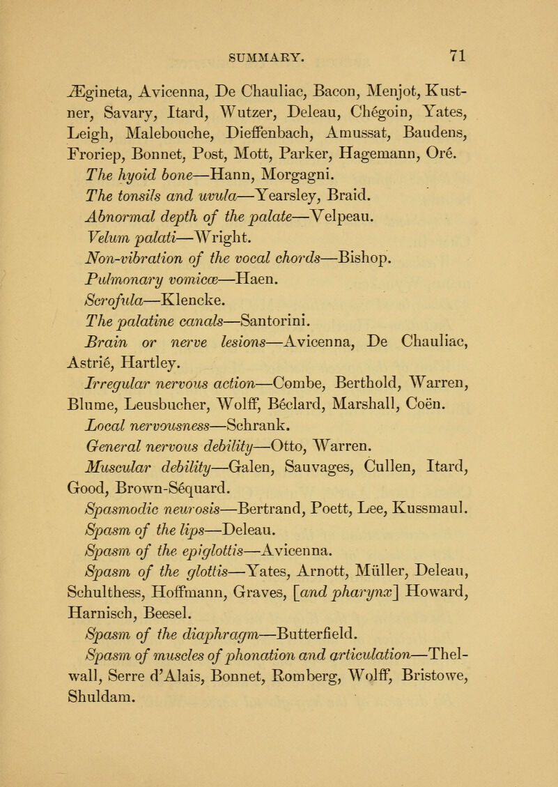 -^gineta, Avicenna, De Chauliac^ Bacon, Menjot, Kust- ner^ Savary, Itard, Wutzer, Deleaii, Chegoin, Yates, Leigh, Malebonche, Dieffenbach, Amussat, Baudens, Froriep^ Bonnet, Post, Mott, Parker, Hagemann, Ore. The hyoid bone—Hann, Morgagni. The tonsils and uvula—Yearsley, Braid. Abnormal depth of the palate—Velpeaii. Velum palati—Wright. Non-vibration of the vocal chords—Bishop. Pulmonary vomicce—Haen. Scrofida—Klencke. The palatine canals—Santorini. Brain or nerve lesions—Avicenna, De Chauliac, Astri6, Hartley. Irregular nervous action—Combe, Berthold, Warren, Bhime, Leusbucher, Wolff, B^clard, Marshall, Coen. Local nervousness—Schrank. General nervous debility—Otto, Warren. Muscular debility—Galen, Sauvages, Cullen, Itard, Good, Brown-S^quard. Spasmodic neurosis—Bertrand, Poett, Lee, Kussmaul. Spasm of the lips—Deleau. Spasm of the ej:)!glottis—Avicenna. Spasm of the glottis—Yates, Arnott, Mliller, Deleau, Schulthess, Hoffmann, Graves, [and pharynx] Howard, Harnisch, Beesel. Spasm of the diaphragm—Butterfield. Spasm of muscles of phonation and articulation—Thel- wall, Serre d'Alais, Bonnet, Romberg, Wolff, Bristowe, Shuldam.