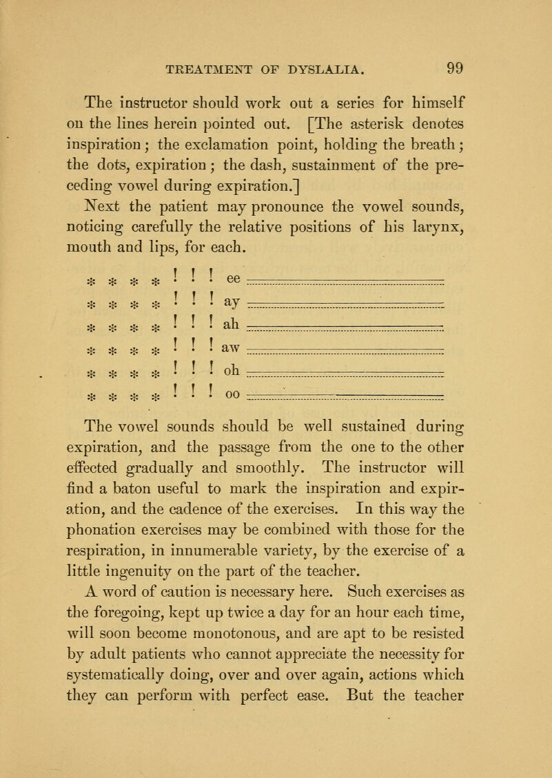 The instructor should work out a series for himself on the lines herein pointed out. [The asterisk denotes inspiration ; the exclamation point, holding the breath ; the dots, expiration; the dash, sustainment of the pre- ceding vowel during expiration.] Next the patient may pronounce the vowel sounds, noticing carefully the relative positions of his larynx, mouth and lips, for each. ♦ ♦ H? ^ :;: :J: :^ ^ ^ ^ :^ ♦ ♦ ♦ ♦ jj: :^ :J: :^ ee ay ah aw oh 00 The vowel sounds should be well sustained during expiration, and the passage from the one to the other effected gradually and smoothly. The instructor will find a baton useful to mark the inspiration and expir- ation, and the cadence of the exercises. In this way the phonation exercises may be combined with those for the respiration, in innumerable variety, by the exercise of a little ingenuity on the part of the teacher. A word of caution is necessary here. Such exercises as the foregoing, kept up twice a day for an hour each time, will soon become monotonous, and are apt to be resisted by adult patients who cannot appreciate the necessity for systematically doing, over and over again, actions which they can perform with perfect ease. But the teacher