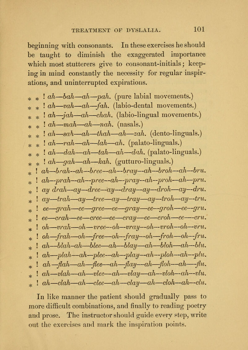 beginning with consonants. In these exercises he should be taught to diminish the exaggerated importance which most stutterers give to consonant-initials; keep- ing in mind constantly the necessity for regular inspir- ations, and uninterrupted expirations. ^ ^ ! ah—hah—ah—-pah. (pure labial movements.) -j, ^ ! ah—vah—ah—fah. (labio-dental movements.) ^ ^ ! ah—jah—ah—chah. (labio-lingual movements.) ^ ^ ! ah—mah—ah—nah. (nasals.) ^ ^ ! ah—sah—ah—thah—ah—zah. (dento-linguals.) ^ ^ ! ah—rah—ah—lah—ah. (palato-linguals.) -^ -^ ! ah—dah—ah—tah—ah—dah. (palato-linguals.) ^ jj, ! ah—gah—ah—kah. (gutturo-linguais.) ah—b rah—ah—hree—ah—bray—ah—broh—ah—biu. ah—prah—ah—pree—ah—pray—ah—proh—ah—p7'U. ay drah—ay—dree—ay—dray—ay—droh—ay—dru. ay—trah—ay—t7'ee—ay—tray—ay—troh—ay—tr^i. ee—grah—ee—gy^ee—ee—gray—ee—groh—ee—gru. ee—Grah—ee—cree—ee—cray—ee—croh—ee—cru. oh—wrah—oh—vree—oh—vray—oh—vroh—oh—vru. oh^rah—oh—free—oh—fray—oh—froh—oh—fru. ah—blah-ah—blee—ah—blay—ah—bloh—ah—blu. ah—plah—ah—plee—ah—play—ah—ploh—ah—plu. ah —flah—ah—-flee—ah—flay—ah—floh—ah—-flu. ah—vlah—ah—vlee—ah—vlay—ah—vloh—ah—vlu. ah—dah—ah—dee—ah—day—ah—doh—ah—du. In like manner the patient should gradually pass to more difficult combinations, and finally to reading poetry and prose. The instructor should guide every step, write out the exercises and mark the inspiration points.