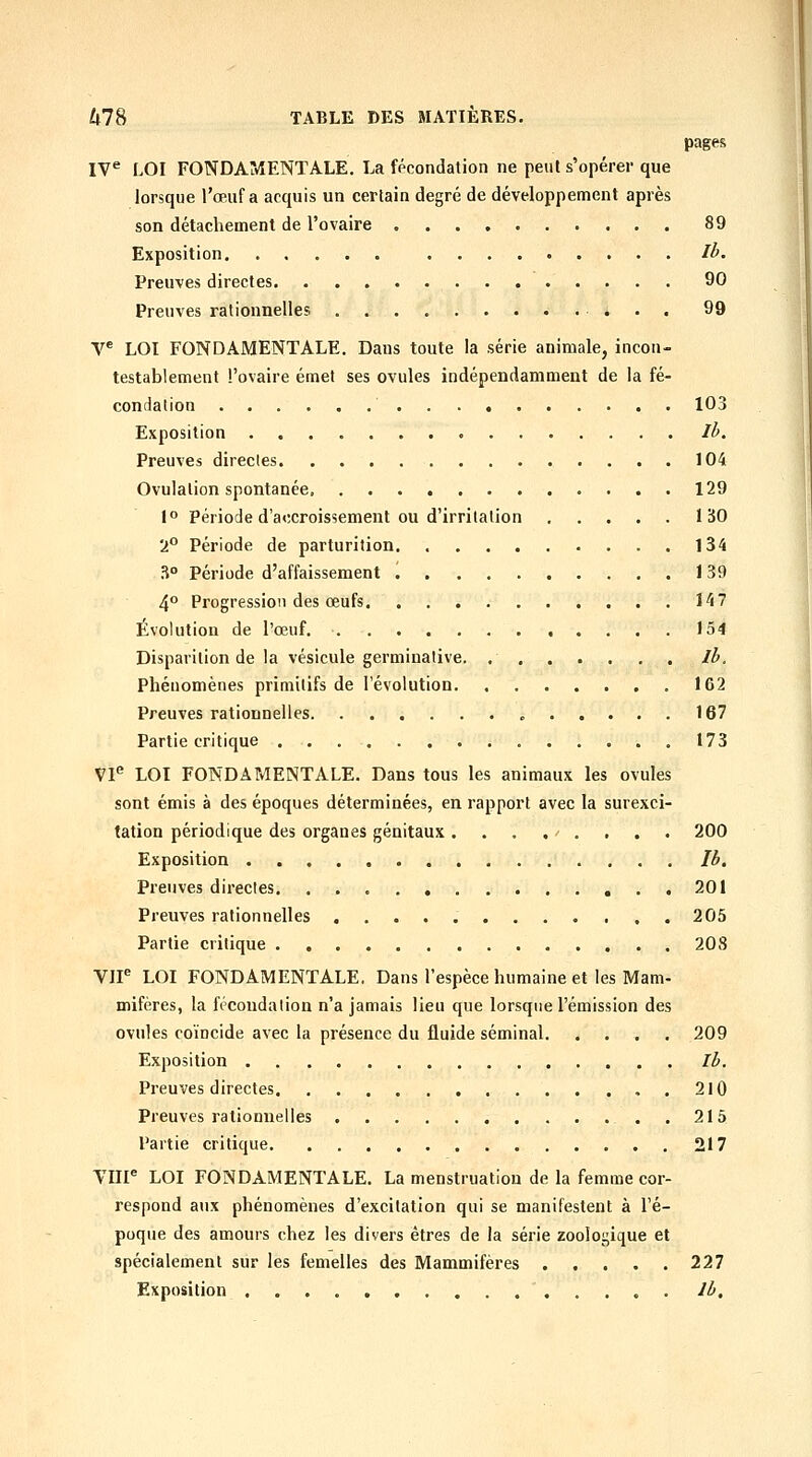 pages IV^ LOI FONDAMENTALE. La fécondation ne peul s'opérer que lorsque l'œuf a acquis un certain degré de développement après son détachement de l'ovaire 89 Exposition Ib- Preuves directes 90 Preuves rationnelles 99 V* LOI FONDAMENTALE. Dans toute la série animale, incon- testablement l'ovaire émet ses ovules indépendamment de la fé- condation 103 Exposition Ib. Preuves directes 104 Ovulation spontanée. 129 1° Période d'accroissement ou d'irritation 130 2° Période de parturition 134 3° Période d'affaissement 139 4° Progression des œufs 147 Evolution de l'œuf. 154 Disparition de la vésicule germinative. Ib. Phénomènes primitifs de l'évolution 162 Preuves rationnelles , 167 Partie critique 173 VP LOI FONDAMENTALE. Dans tous les animaux les ovules sont émis à des époques déterminées, en rapport avec la surexci- tation périodique des organes génitaux ........ 200 Exposition Ib. Preuves directes 201 Preuves rationnelles 205 Partie critique 203 Vir LOI FONDAMENTALE. Dans l'espèce humaine et les Mam- mifères, la fécondation n'a jamais lieu que lorsque l'émission des ovules coïncide avec la présence du fluide séminal 209 Exposition Ib, Preuves directes , . 210 Preuves rationnelles 215 Partie critique 217 Ylir LOI FONDAMENTALE. La menstruation de la femme cor- respond aux phénomènes d'excitation qui se manifestent à l'é- poque des amours chez les divers êtres de la série zoologique et spécialement sur les femelles des Mammifères 227 Exposition Ib,