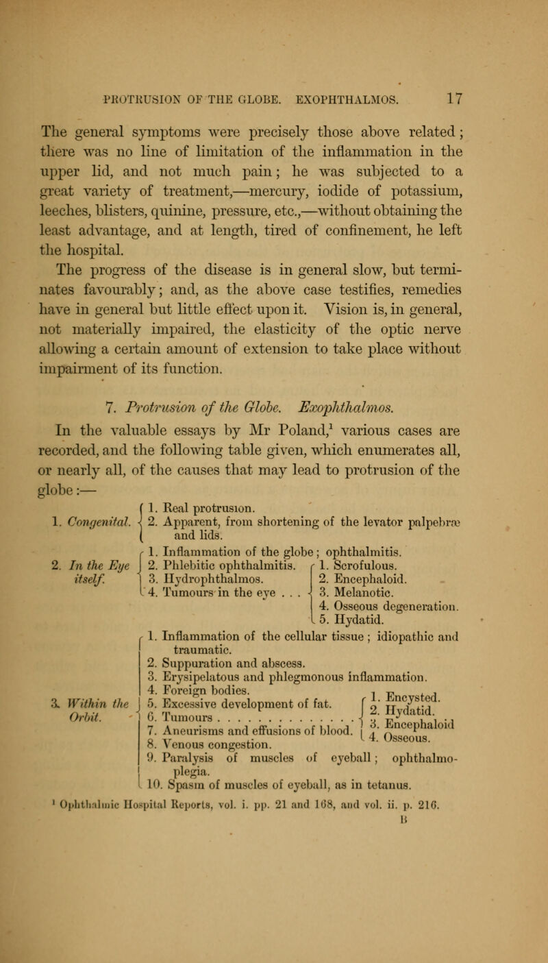 The general symptoms were precisely those above related; there was no line of limitation of the inflammation in the upper lid, and not much pain; he was subjected to a great variety of treatment,—mercury, iodide of potassium, leeches, blisters, quinine, pressure, etc.,—without obtaining the least advantage, and at length, tired of confinement, he left the hospital. The progress of the disease is in general slow, but termi- nates favourably; and, as the above case testifies, remedies have in general but little effect upon it. Vision is, in general, not materially impaired, the elasticity of the optic nerve allowing a certain amount of extension to take place without impairment of its function. 7. Protrusion of the Globe. Exophthalmos. In the valuable essays by Mr Poland,1 various cases are recorded, and the following table given, which enumerates all, or nearly all, of the causes that may lead to protrusion of the globe:— 1. Keal protrusion. 2. Apparent, from shortening of the levator palpebra? 1. Congenital. 2. In the Fajc itself. and lids. 1. Inflammation of the globe; ophthalmitis. 2. Phlebitic ophthalmitis, r 1- Scrofulous. Ilydrophthalmos. Tumours in the eye '.I Within the Orbit. 2. Encephaloid. 3. Melanotic. 4. Osseous degeneration. I 5. Hydatid. 1. Inflammation of the cellular tissue ; idiopathic and traumatic. 2. Suppuration and abscess. 3. Erysipelatous and phlegmonous inflammation. 4. Foreign bodies. 5. Excessive development of fat. G. Tumours 1. Encysted. 2. Hydatid. 7. Aneurisms and effusions of blood. j J' Encephaloid o -it- i.- ^ 4. Osseous. 8. venous congestion. '.). Paralysis of muscles of eyeball ; ophthalmo- plegia. 10 Spasm of muscles of eyeball, as in tetanus. Ophthalmic Hospital Reports, vol. i. pp. 21 and L88, and vol. p. 21G. B