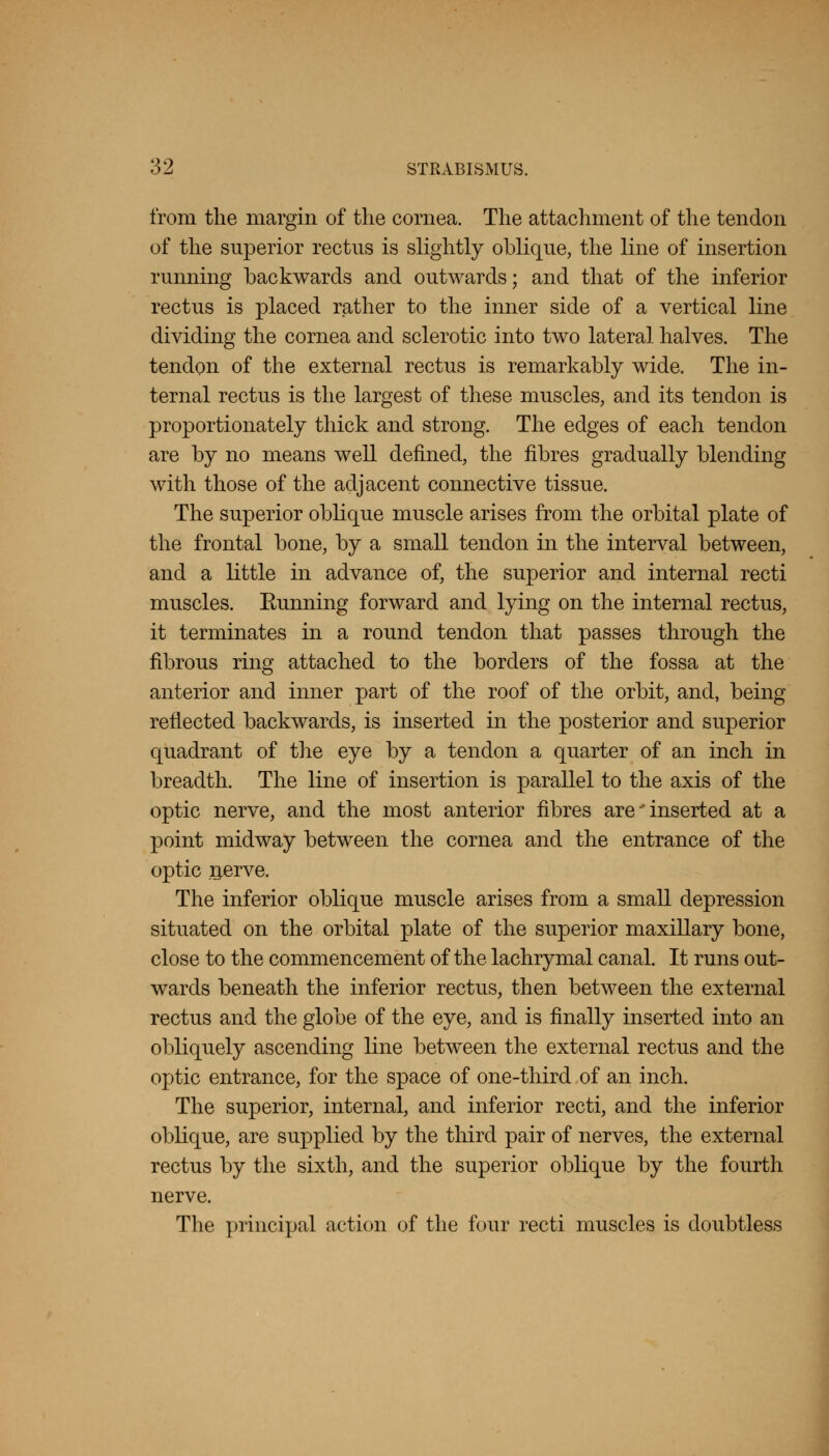 from the margin of the cornea. The attachment of the tendon of the superior rectus is slightly oblique, the line of insertion running backwards and outwards; and that of the inferior rectus is placed rather to the inner side of a vertical line dividing the cornea and sclerotic into two lateral halves. The tendon of the external rectus is remarkably wide. The in- ternal rectus is the largest of these muscles, and its tendon is proportionately thick and strong. The edges of each tendon are by no means well defined, the fibres gradually blending with those of the adjacent connective tissue. The superior oblique muscle arises from the orbital plate of the frontal bone, by a small tendon in the interval between, and a little in advance of, the superior and internal recti muscles. Eunning forward and lying on the internal rectus, it terminates in a round tendon that passes through the fibrous ring attached to the borders of the fossa at the anterior and inner part of the roof of the orbit, and, being reflected backwards, is inserted in the posterior and superior quadrant of the eye by a tendon a quarter of an inch in breadth. The line of insertion is parallel to the axis of the optic nerve, and the most anterior fibres are * inserted at a point midway between the cornea and the entrance of the optic nerve. The inferior oblique muscle arises from a small depression situated on the orbital plate of the superior maxillary bone, close to the commencement of the lachrymal canal. It runs out- wards beneath the inferior rectus, then between the external rectus and the globe of the eye, and is finally inserted into an obliquely ascending line between the external rectus and the optic entrance, for the space of one-third of an inch. The superior, internal, and inferior recti, and the inferior oblique, are supplied by the third pair of nerves, the external rectus by the sixth, and the superior oblique by the fourth nerve. The principal action of the four recti muscles is doubtless