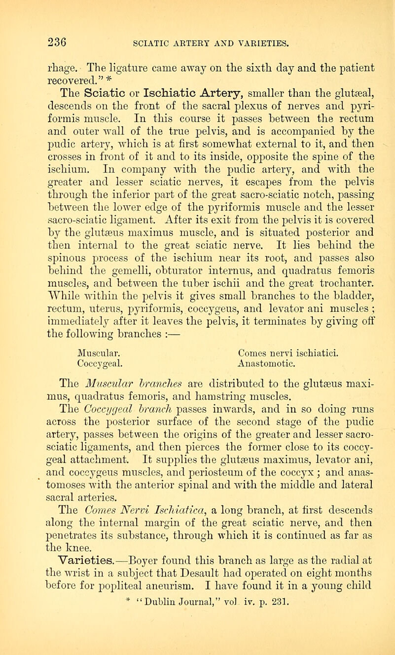 rhage. The ligature came away on the sixth day and the patient recovered. * The Sciatic or Ischiatic Artery, smaller than the gluteal, descends on the front of the sacral plexus of nerves and pyri- formis muscle. In this course it passes between the rectum and outer wall of the true pelvis, and is accompanied hy the pudic artery, which is at first somewhat external to it, and then crosses in front of it and to its inside, opposite the spine of the ischium. In company with the pudic artery, and with the greater and lesser sciatic nerves, it escapes from the pelvis through the inferior part of the great sacro-sciatic notch, passing between the lower edge of the pyriformis muscle and the lesser sacro-sciatic ligament. After its exit from the pelvis it is covered by the glutseus maximus muscle, and is situated posterior and then internal to the great sciatic nerve. It lies behind the spinous process of the ischium near its root, and passes also behind the gemelli, obturator internus, and quadratus femoris muscles, and between the tuber ischii and the great trochanter. While within the pelvis it gives small branches to the bladder, rectum, uterus, pyriformis, coccygeus, and levator ani muscles ; immediately after it leaves the pelvis, it terminates by giving off the following branches :— Muscular. Comes nervi ischiatici. Coccygeal. Anastomotic. The Muscular branches are distributed to the glutaeus maxi- mus, quadratus femoris, and hamstring muscles. The Coccygeal branch passes inwards, and in so doing runs across the posterior surface of the second stage of the pudic artery, passes between the origins of the greater and lesser sacro- sciatic ligaments, and then pierces the former close to its coccy- geal attachment. It supplies the glutaeus maximus, levator ani, and coccygeus muscles, and periosteum of the coccyx ; and anas- tomoses Avith the anterior spinal and with the middle and lateral sacral arteries. The Comes Nervi Ischiatica, a long branch, at first descends along the internal margin of the great sciatic nerve, and then penetrates its substance, through which it is continued as far as the knee. Varieties.—Boyer found this branch as large as the radial at the wrist in a subject that Desault had operated on eight months before for popliteal aneurism. I have found it in a young child * Dublin Journal, vol iv. p. 231.