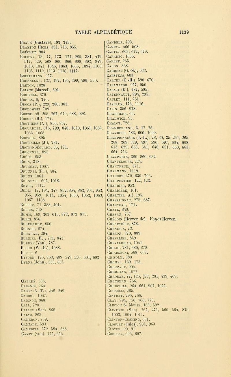 Braun (Gustave), 182, 243. Braxton Hicks, 354, 746, 855. Bréchet. 904. Breisky,' 23, 77, 173, 174, 280, 381, 429, 517, 529, 568, 860, 866, 889, 892, 949, 1040, 1041, 1046, 1063, 1065, 1094, 1100, 1105, 1112, 1113, 1116, 1117. Breitzmann, 947. Brennecke,'137, 192, 195, 399, 496, 550. Breton, 1028. Briand (Marcel), 591. Brickell, 679. Briggs, 6, 240. Broca (P.), 229, 280, 383. Brodowskj, 709. Brœse, 49, 205, 267, 679, 688, 928. Brooks (H.), 174. Brothers (A.), 856, 857. Brouardel, 616, 799, 848, 1040, 1061,1062, 1063, 1068. Browicz, 895. Browkillo (J.), 281. Brown-Séquard, 35, 171. Brùckner, 895. Brûhl. 853. Brun, 318. Bruneau, 1007. Brunner (Fr.), 404. Bruns, 1061. Bruntzel, 604, 1018. Bryck. 1112. Budin, 17, 194, 247, 852, 854. 862, 951, 952, 955, 959, 1014. 1054, 1060, 1062, 1063, 1067, 1108. Buffet, 71, 388, 401. Bulius, 718. Bumm, 169, 263, 615, 872, 873, 875. Burci, 856'. burkhardt, 850. Burner, 874. BURNHAM, 294. Burnier (H.), 721, 843. Burren (Van), 787. Busch (W.-H.), 1088. Butte, 6. Byford. 125. 263, 489, 549, 550. 601, 682. Byrne (John), 533, 834 Gabadé, 585. Cabanis, 264. Cabot (A.-T.), 248, 249. Cabrol, 1067. C ai gnon, 868. Call, 720. Callum (Mac), 868. Calvo, 863. Cameron, 759. Camiade, 593. Camprell, 472, 584, 58é Campe (von), 244, 646. Candela, 493. Caneva, 466, 508. Cantin, 663, 672, 679. Caradeg, 1056. Carlet, 265. Caron, 368. Carreau (G.-S.), 633. Carstens, 603. Carter (C.-H.), 590, 670. Casamayor, 947, 950. Casati (E.), 487, 585. Caternault, 294, 295. Caulet, 111, 251. Cazeaux, 173, 1116. Cazin, 356, 928. Chabrière, 65. Chadwick, 95. Chalot, 728. Chamberland, 3, 17, 26. Chambers, 483, 600, 1099. Championnière (J.-L.), 28, 30, 35, 241, 265, 268, 269, 329, 497, 590, 597^604, 608, 613. 629, 638, 641, 648, 651, 660, 663. 664^ 743.' Champneys, 380, 860, 932. Chanteloube, 224. Chantreuil, 374. Chapmann, 1119. Charcot, 370, 630, 796. Charpentier, 122, 123. Charrier, 952. Ch arrière, 101. Chartier (A.), 195. Chassaignac, 275, 687. Chauveau, 171. Chaye, 848. Chazan, 757. Chégoin (Hervez de). Voyez Hervez. Chenevière, 878. Chénieux, 73. Chéron, 270, 889. Chevalier, 849. Chevalieras, 1041. Chiari, 281, 380, 878. Chiarleoni, 568, 602. Chisolm, 380. Chomel, 139, 173. Choppart, 904. Christian, 1077. Chrobak, 77, 125, 277, 281, 439, 469. Chrysman, 756. Churchill, 264, 664, 907, 1044. Ciniselli, 265. Cintrât, 296, 766. Clay, 294, 756, 766, 773. Clifton S. Morse, 183, 592. Clintock (Mac), 264, 271, 560, 564, 825, 1003, 1004, 1011. Clinton-Cushing, 681. Cloquet (Jules), 904, 963. Clover, 90, 91. Coblenz, 696, 697.
